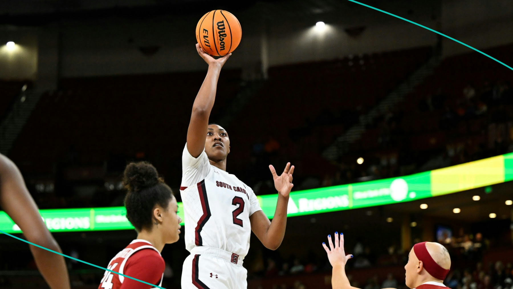 Ashlyn Watkins, of the South Carolina Gamecocks, goes up for a basket against the Arkansas Razorbacks.