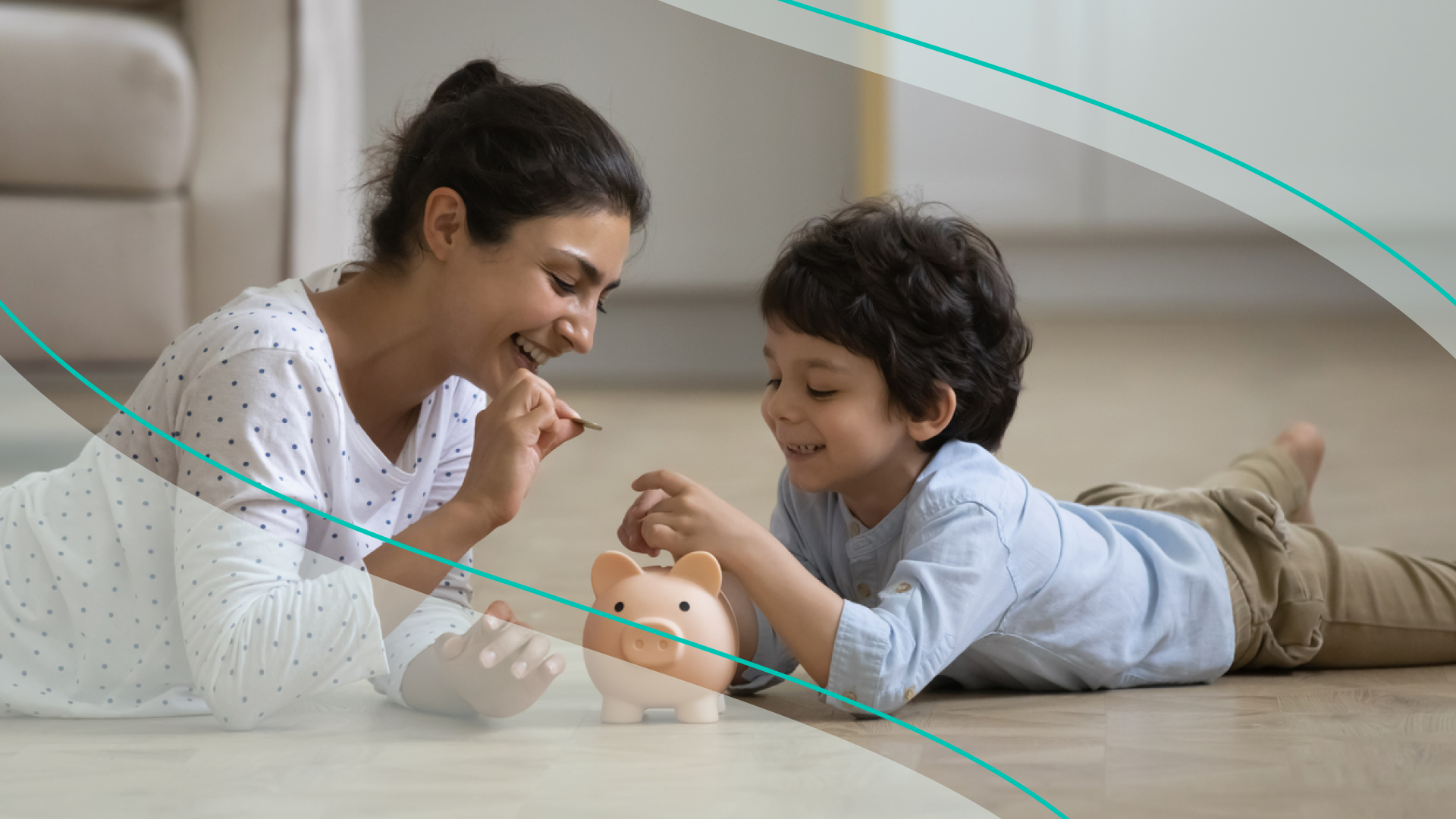 Mom and son putting coins into piggy bank