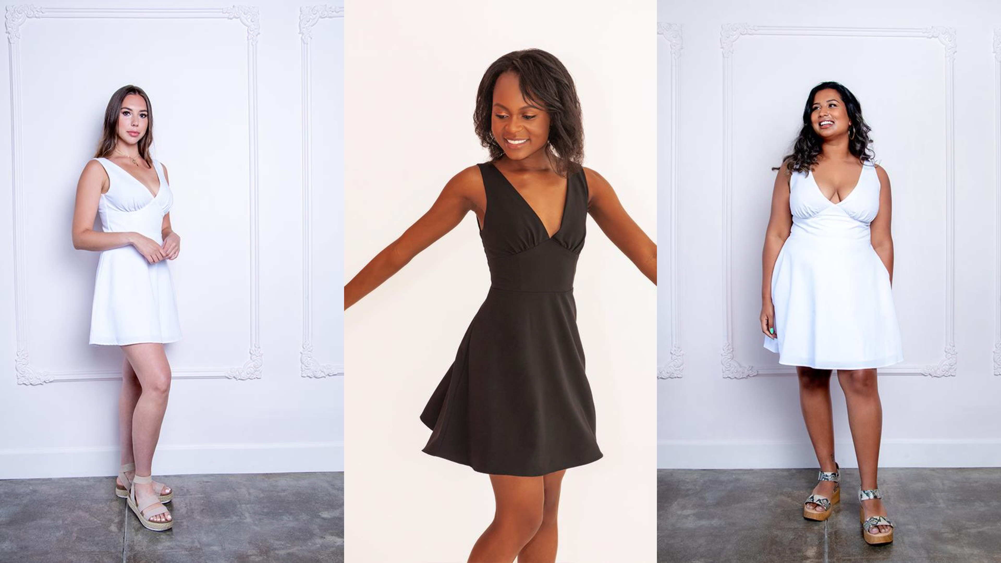 knee-long v-neck dress in black or white