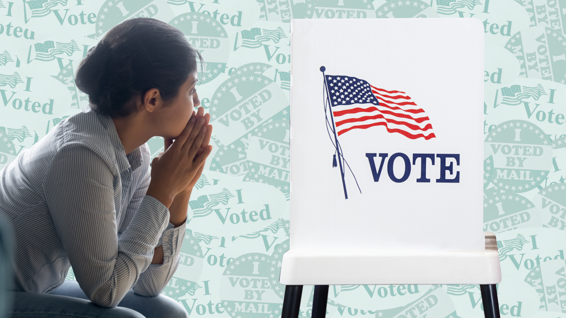 Woman with hands over her mouth looking at a VOTE sign