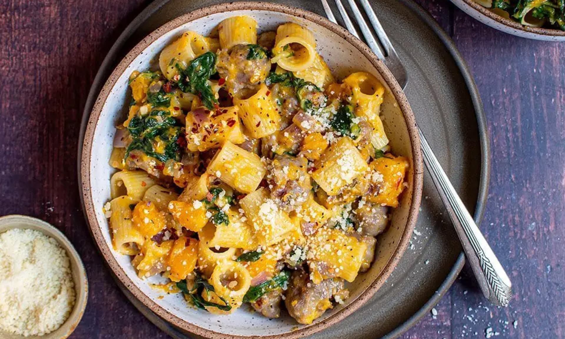 Cherry on My Sundae’s Rigatoni with Butternut Squash and Spicy Sausage.