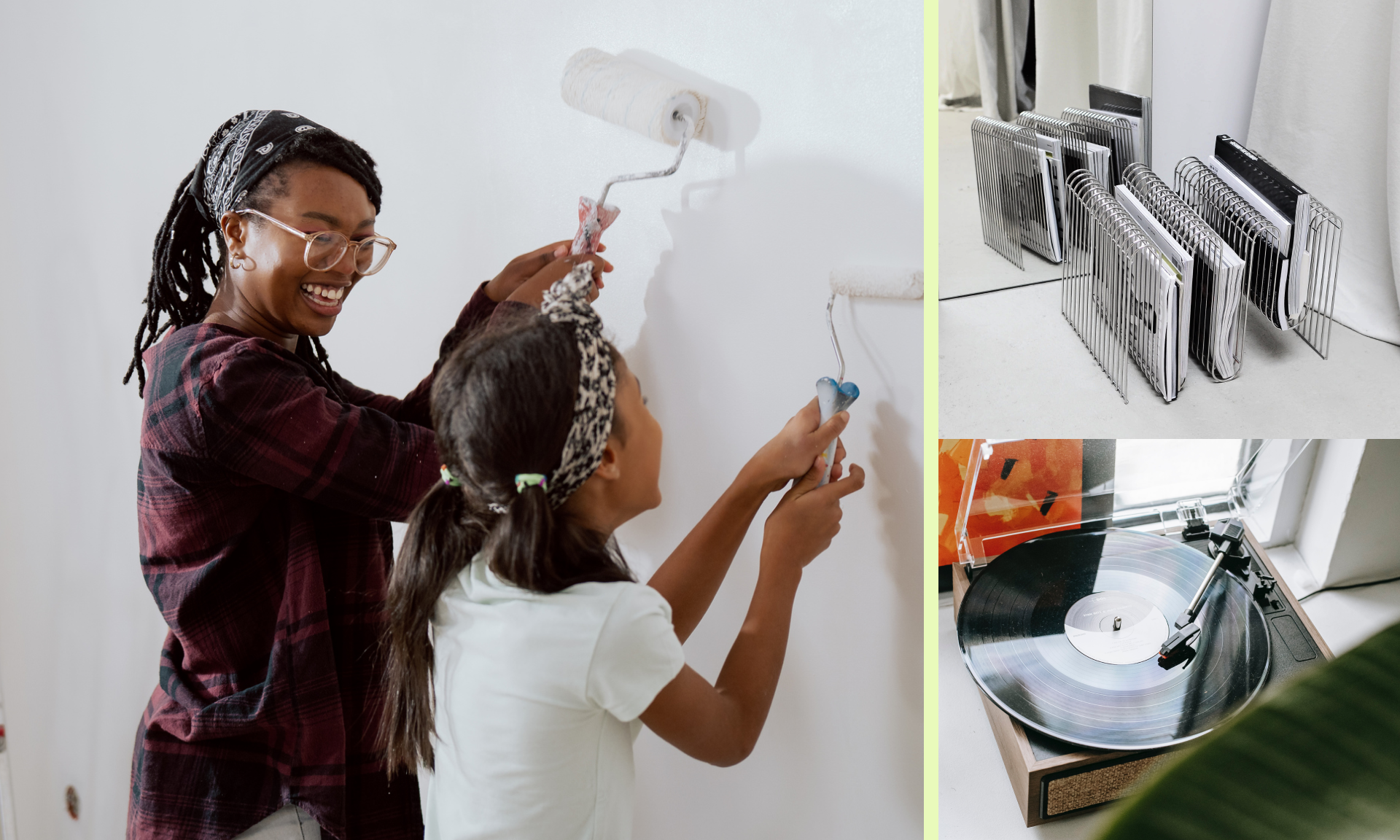 Left: Mom and daughter painting a white wall with rollers; Left: files in a file rack and a record player