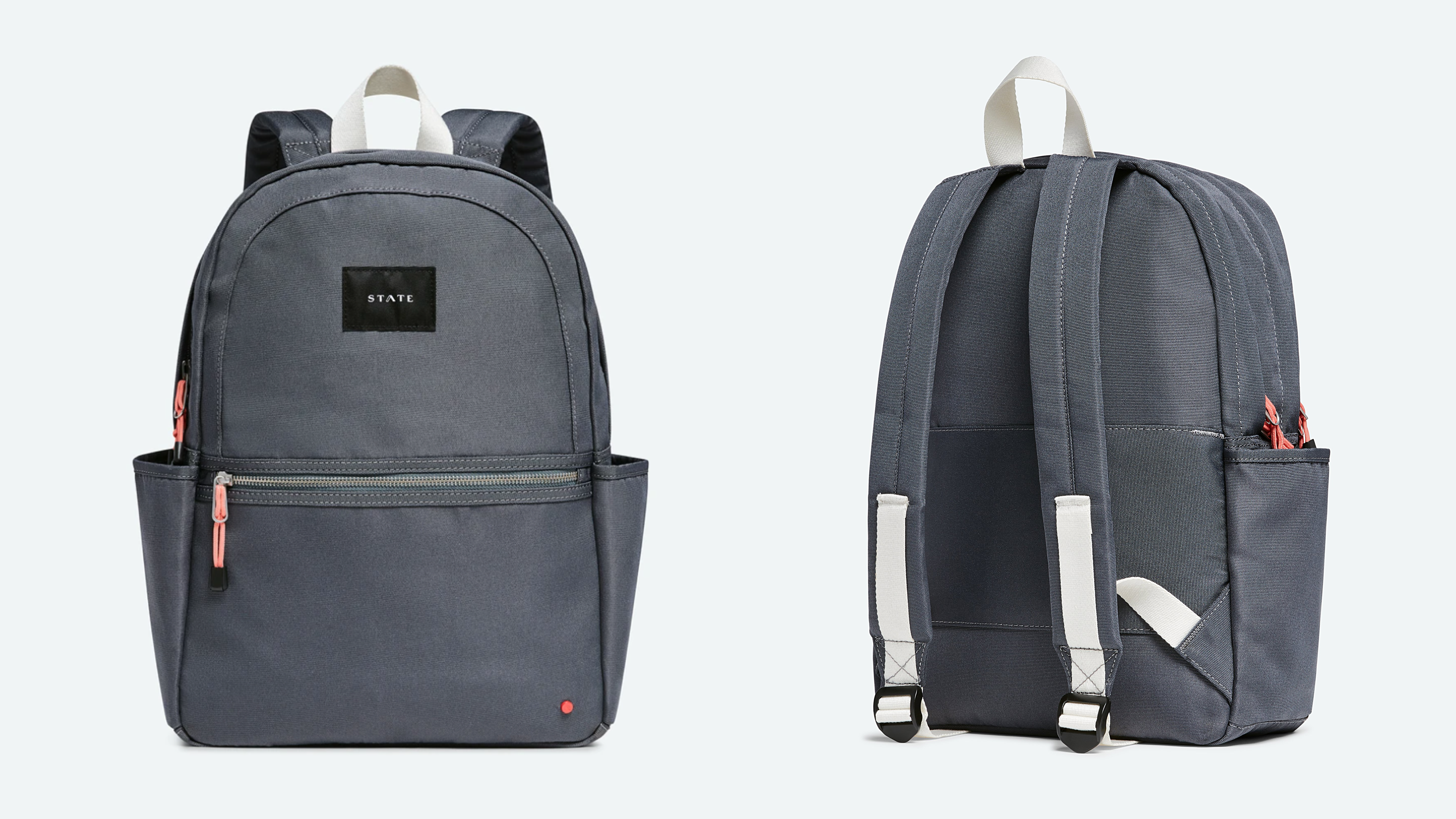 gray backpack with side pockets, front pocket, and padded shoulder straps