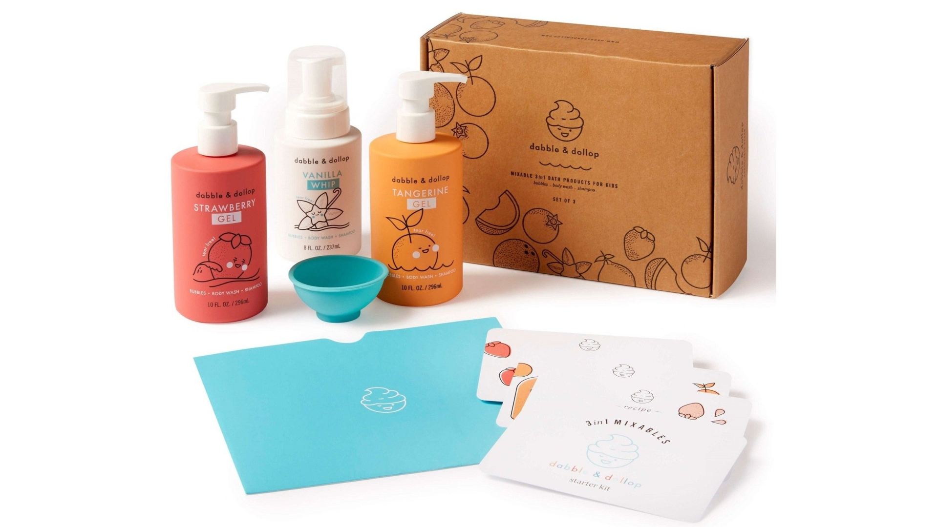 A set of 3-in-1 tear-free bath products