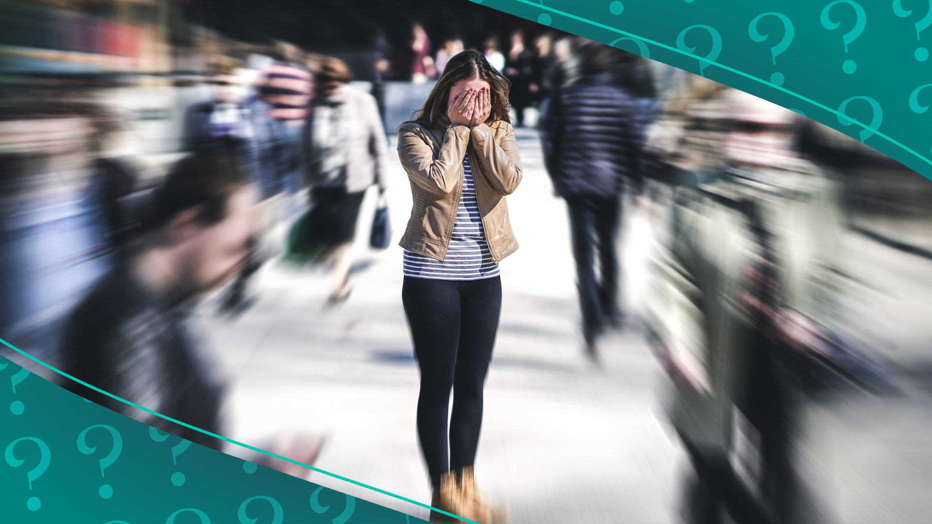 woman covering eyes in a crowd of people dizzy