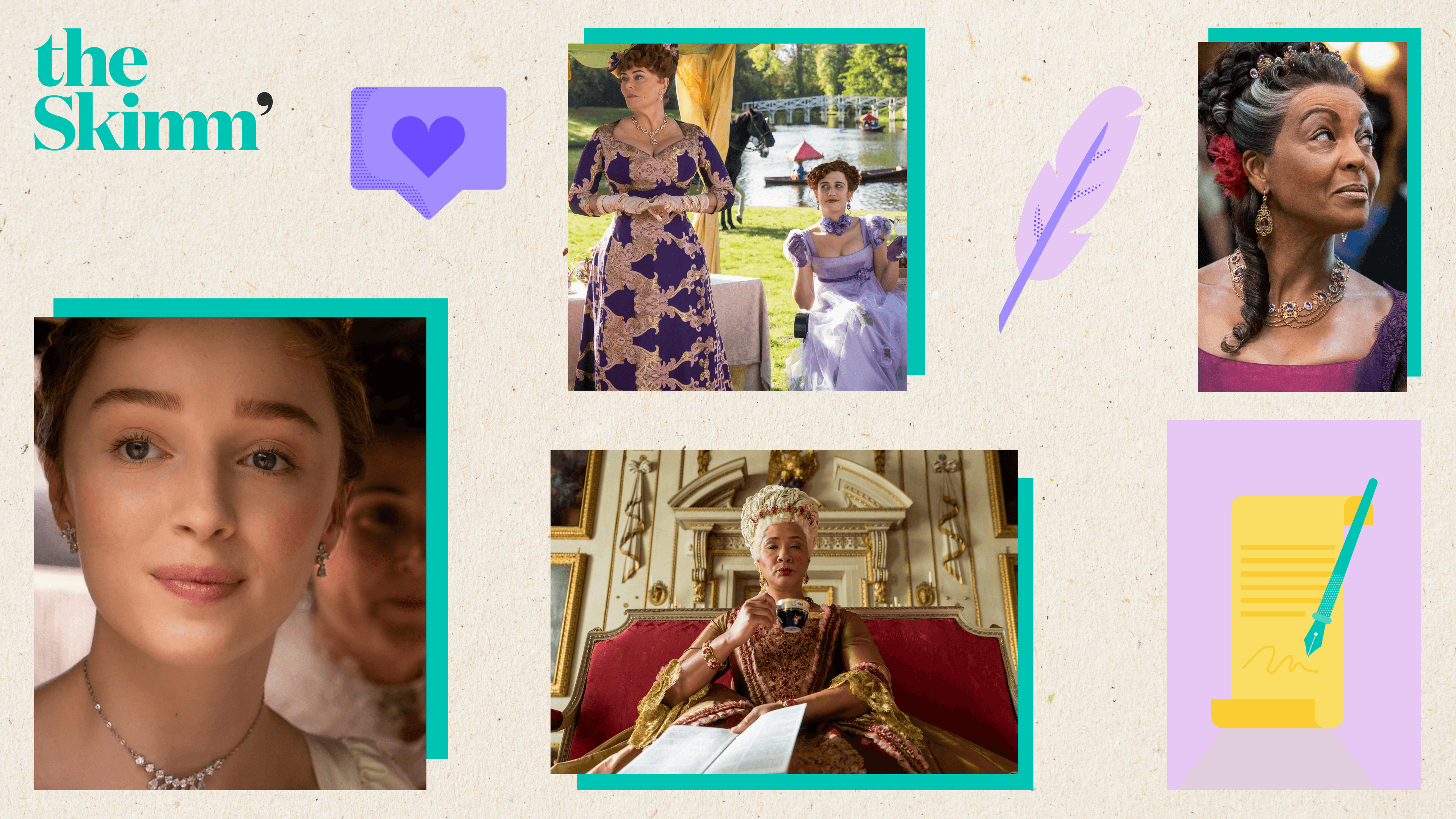 collage of icons and character from Netflix's period drama, "Bridgerton"