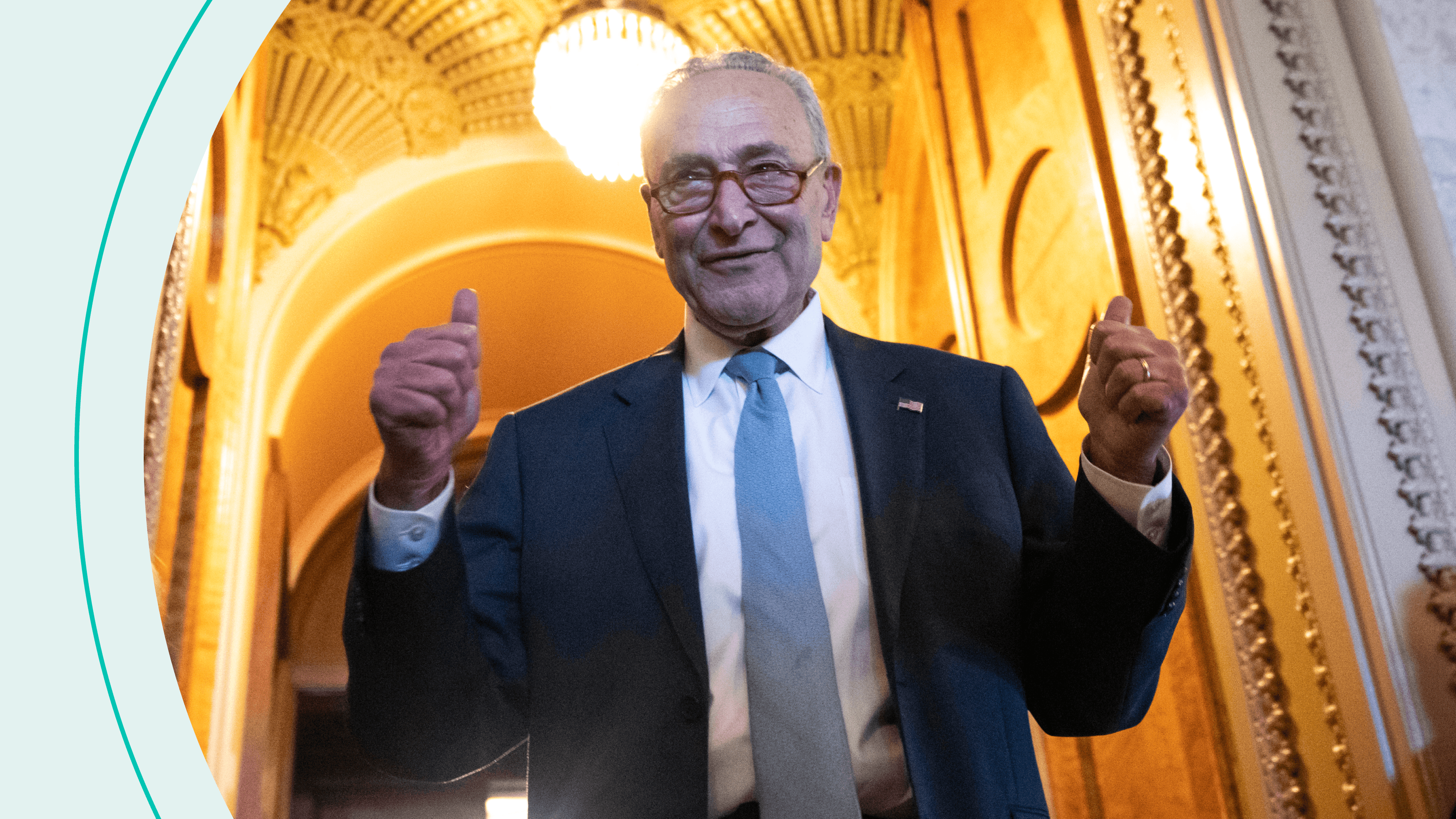 Senate Majority Leader Chuck Schumer (D-NY) gives the thumbs up as he leaves the Senate Chamber