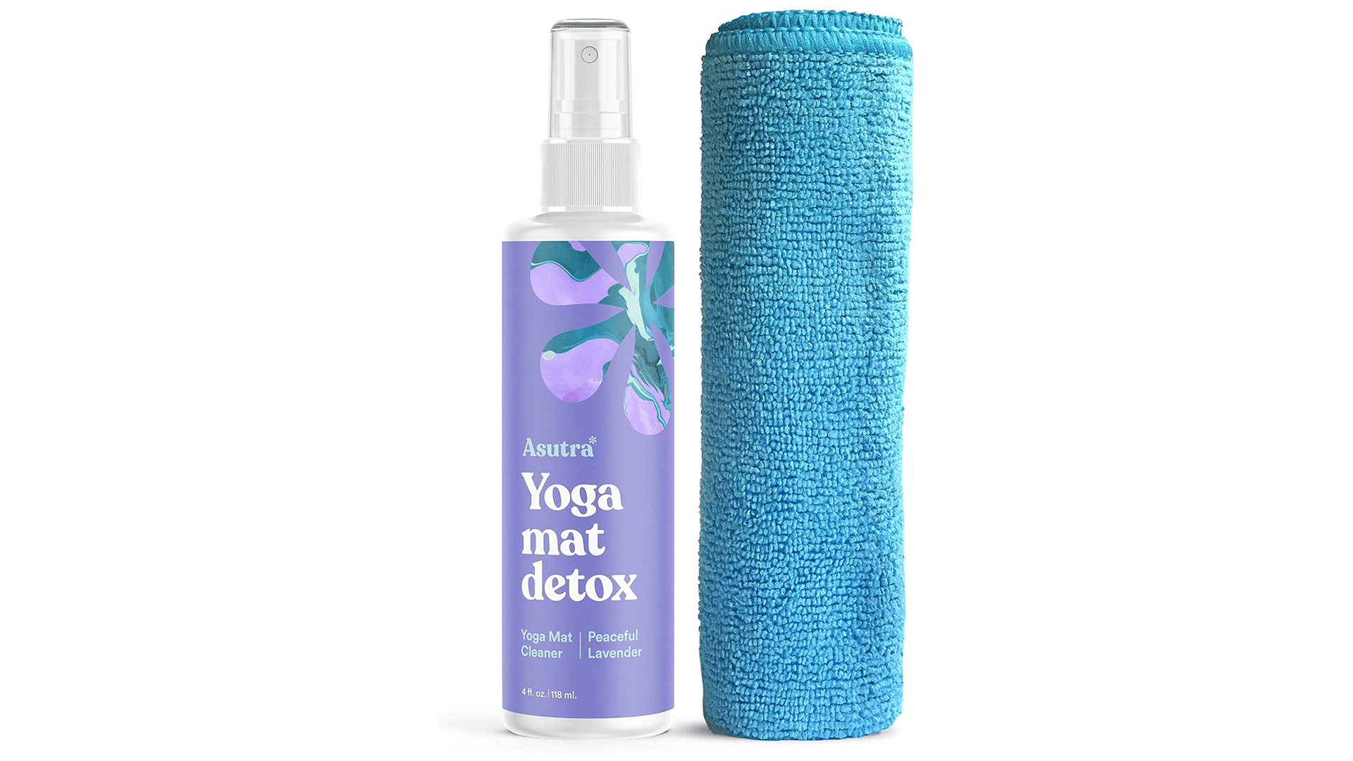 Purple label spray bottle with teal towel