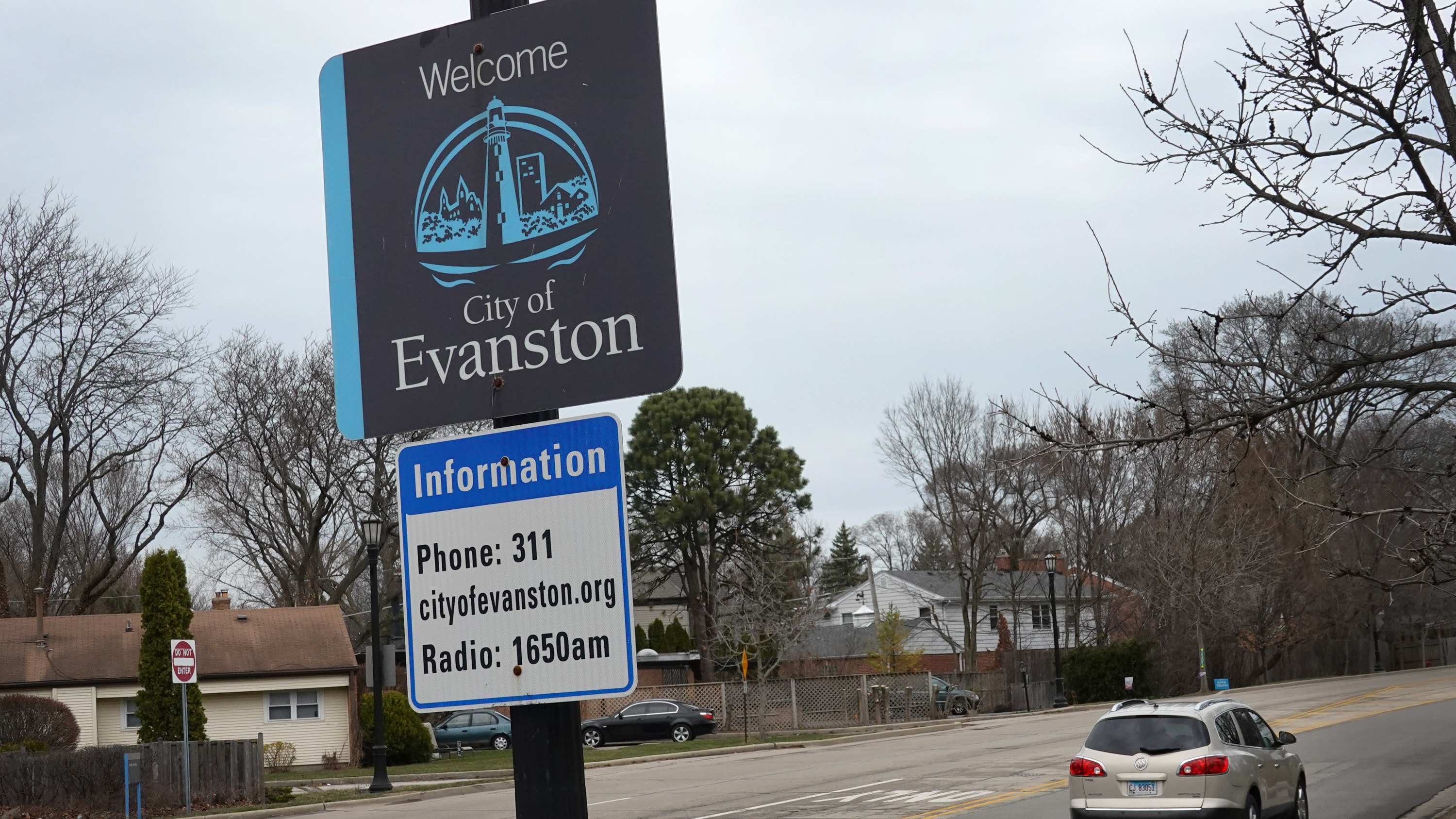sign welcomes visitors to the city on March 23, 2021 in Evanston, Illinois