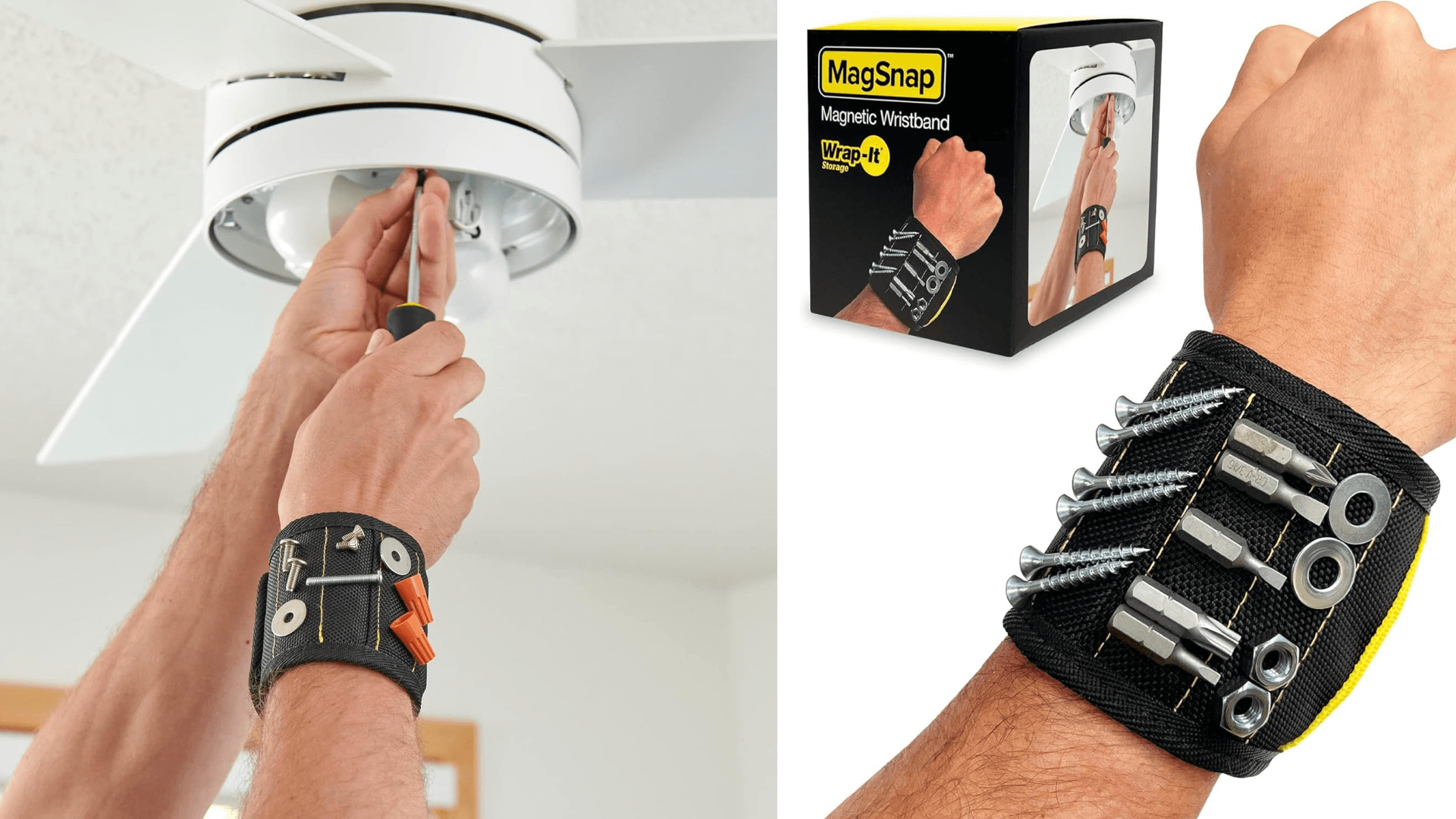 MagSnap Magnetic Wristband by Wrap-It Storage - Black - Great Father Gift Wrist Magnet Tool Belt and Screw Holder