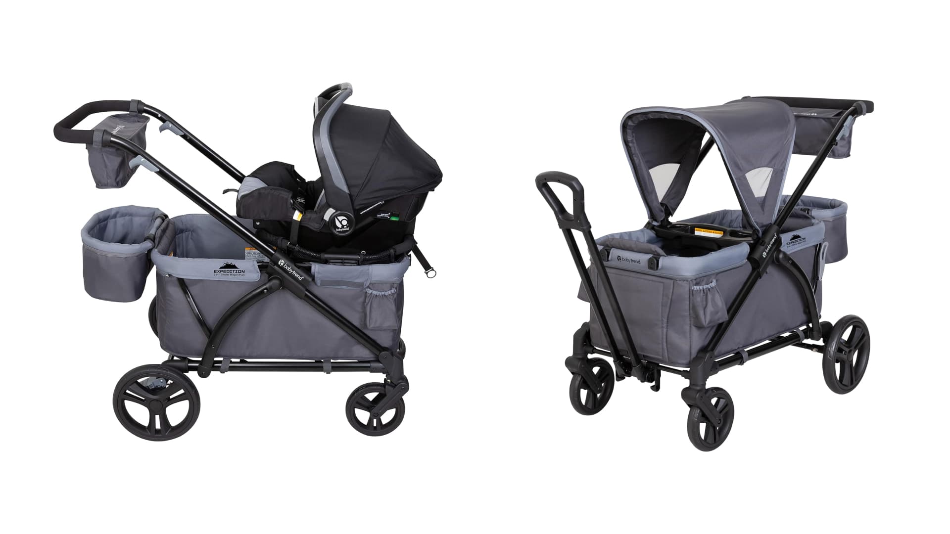 A baby stroller and wagon.