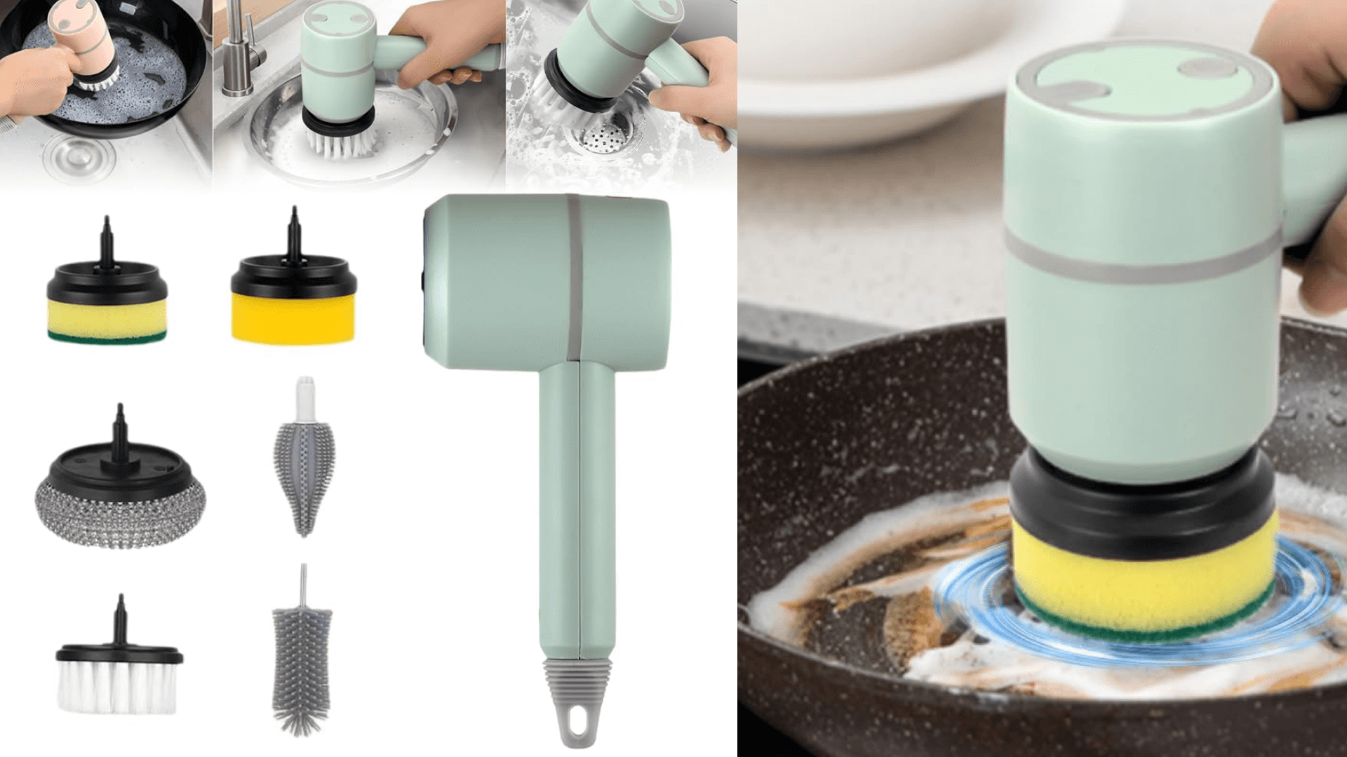 Dish Buddy 2025 New Dish Buddy Electric Scrubber, Handheld Electric Dishwasher with 6 Brush Heads, 360° Rotating USB Rechargeable Cleaning Brush for Kitchen (Green)