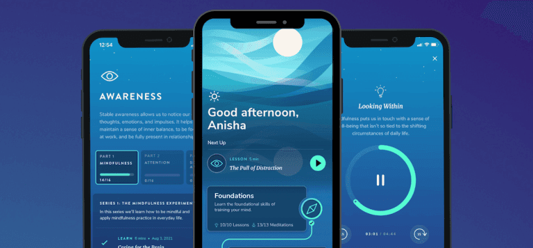 Three soothing meditation app screens against a deep purple background