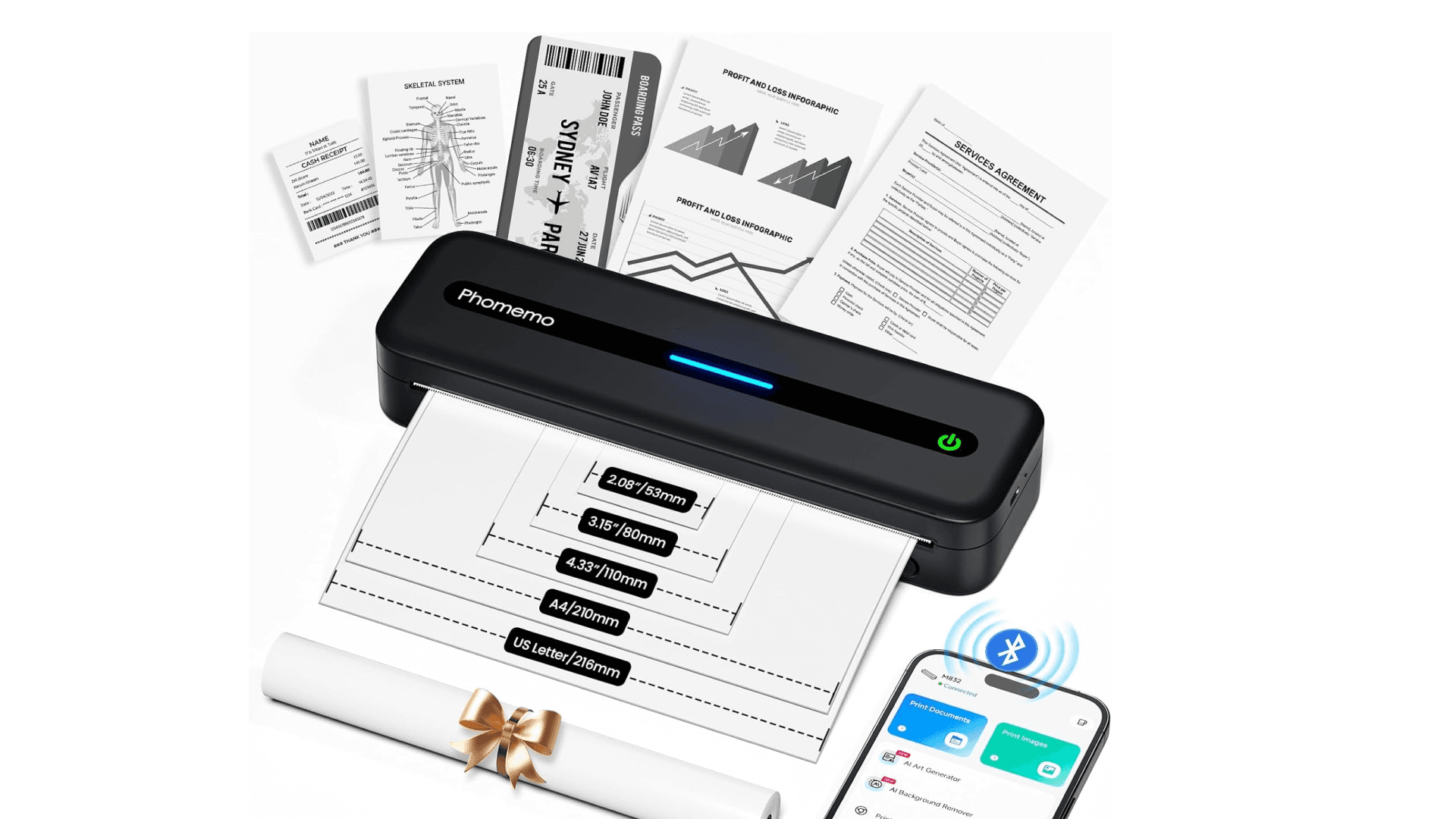 Phomemo Portable Printers Wireless for Travel, Inkless Portable Thermal Printer for Phone Laptop, Support 8.5'' x 11'' US Letter and A4 Szie, Bluetooth Mobile Printers for Vehicle Office Home Use