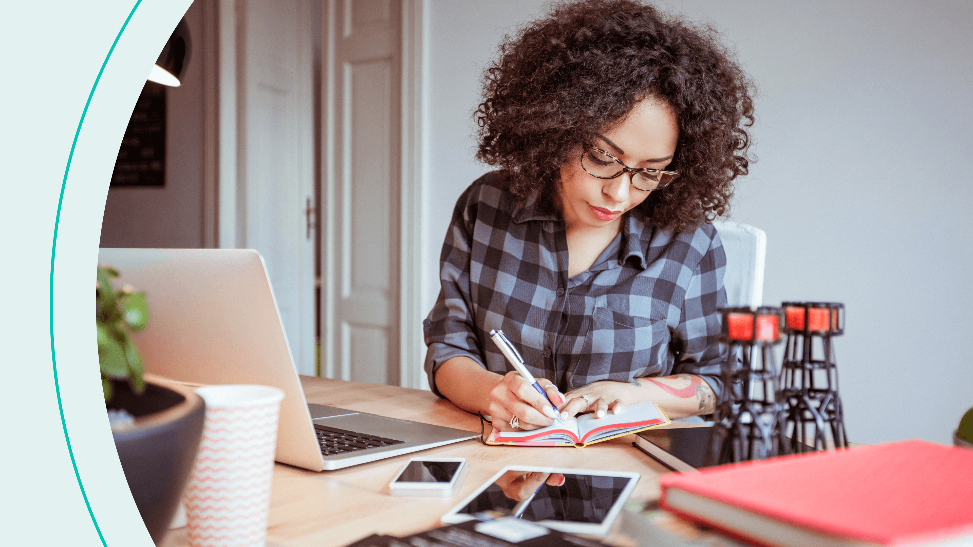 Woman looks concerned working in notebook