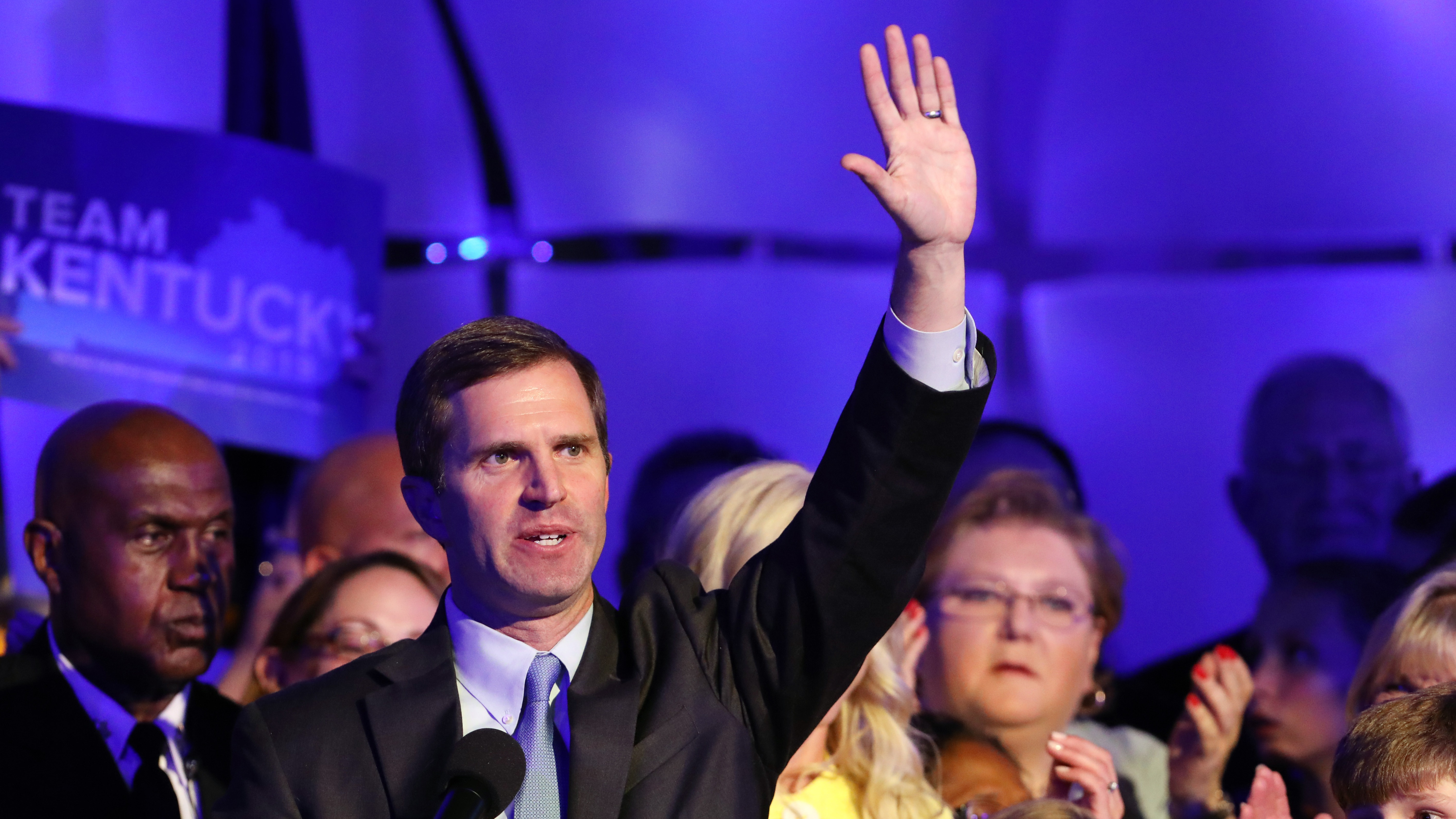 Apparent Gov.-elect Andy Beshear celebrates with supporters after voting results showed the Democrat holding a slim lead over Republican Gov. Matt Bevin at C2 Event Venue on November 5, 2019 in Louisville, Kentucky.