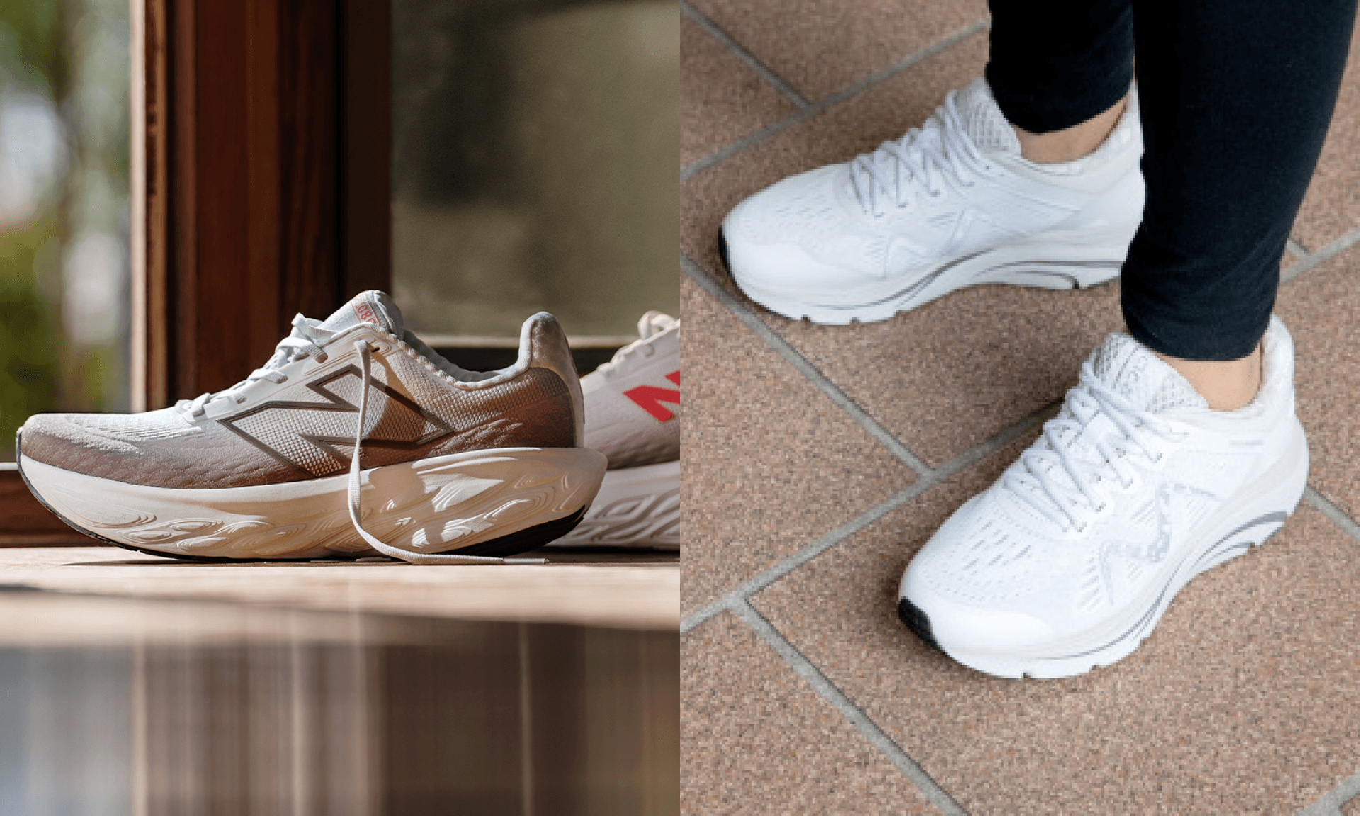 Pair of sneakers near a doorway in low lighting; person standing in white sneakers