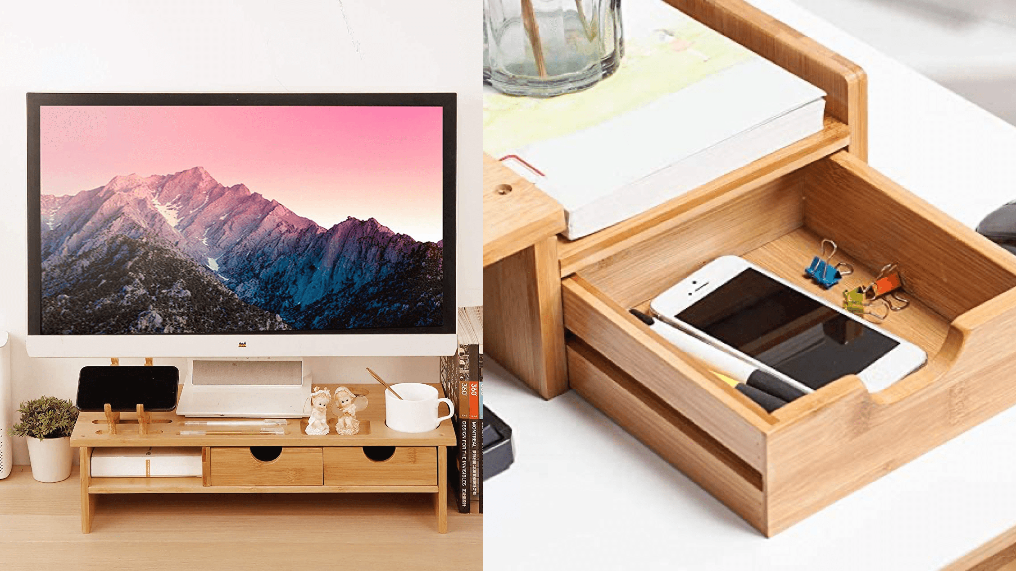 monitor stand for your desktop computer that has shelves and room for a mug