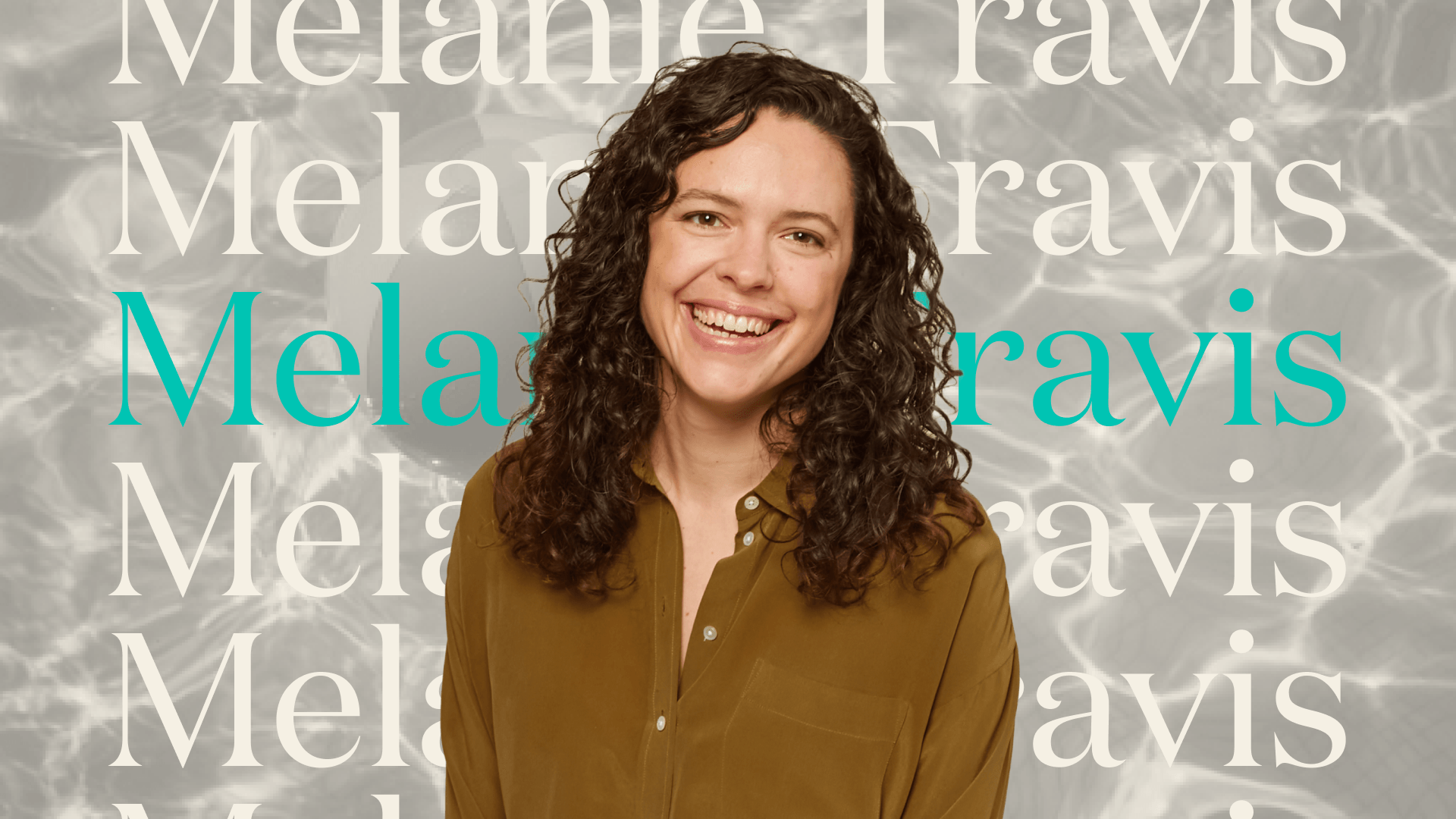Headshot of Andie CEO and Founder Melanie Travis in front of her name repeated on a grey background.