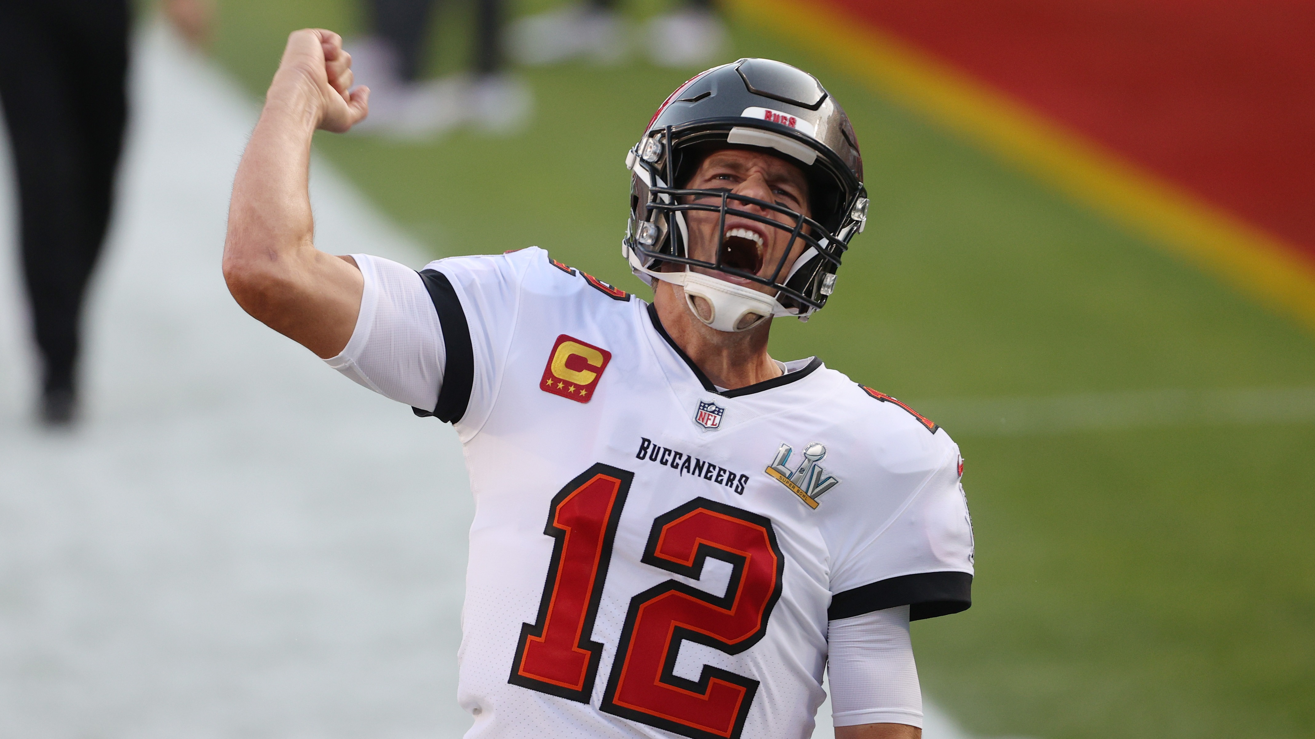 Tom Brady #12 of the Tampa Bay Buccaneers shouts as he takes the field before Super Bowl LV against the Kansas City Chiefs at Raymond James Stadium on February 07, 2021 in Tampa, Florida.