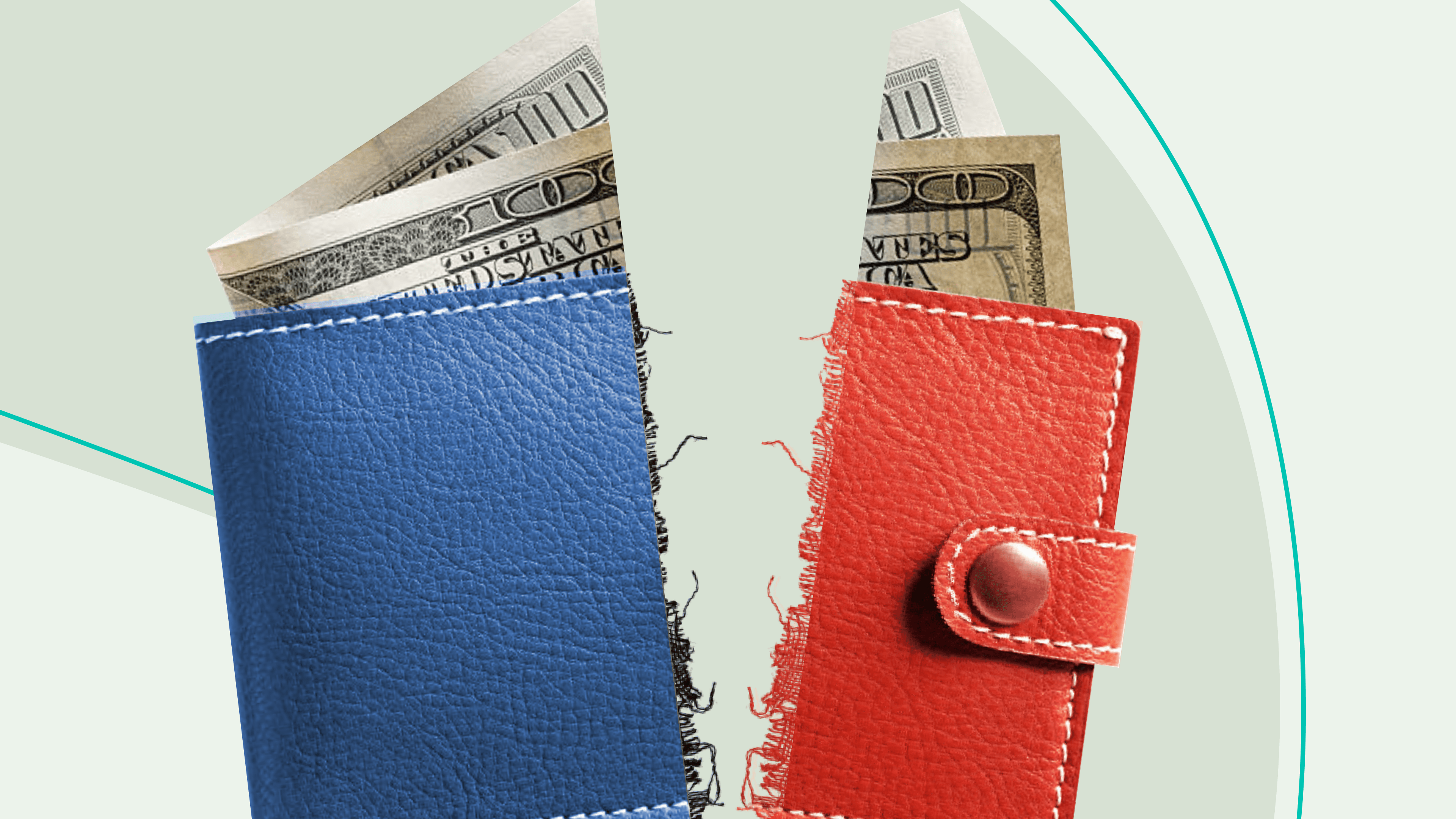 A red and blue wallet torn in half