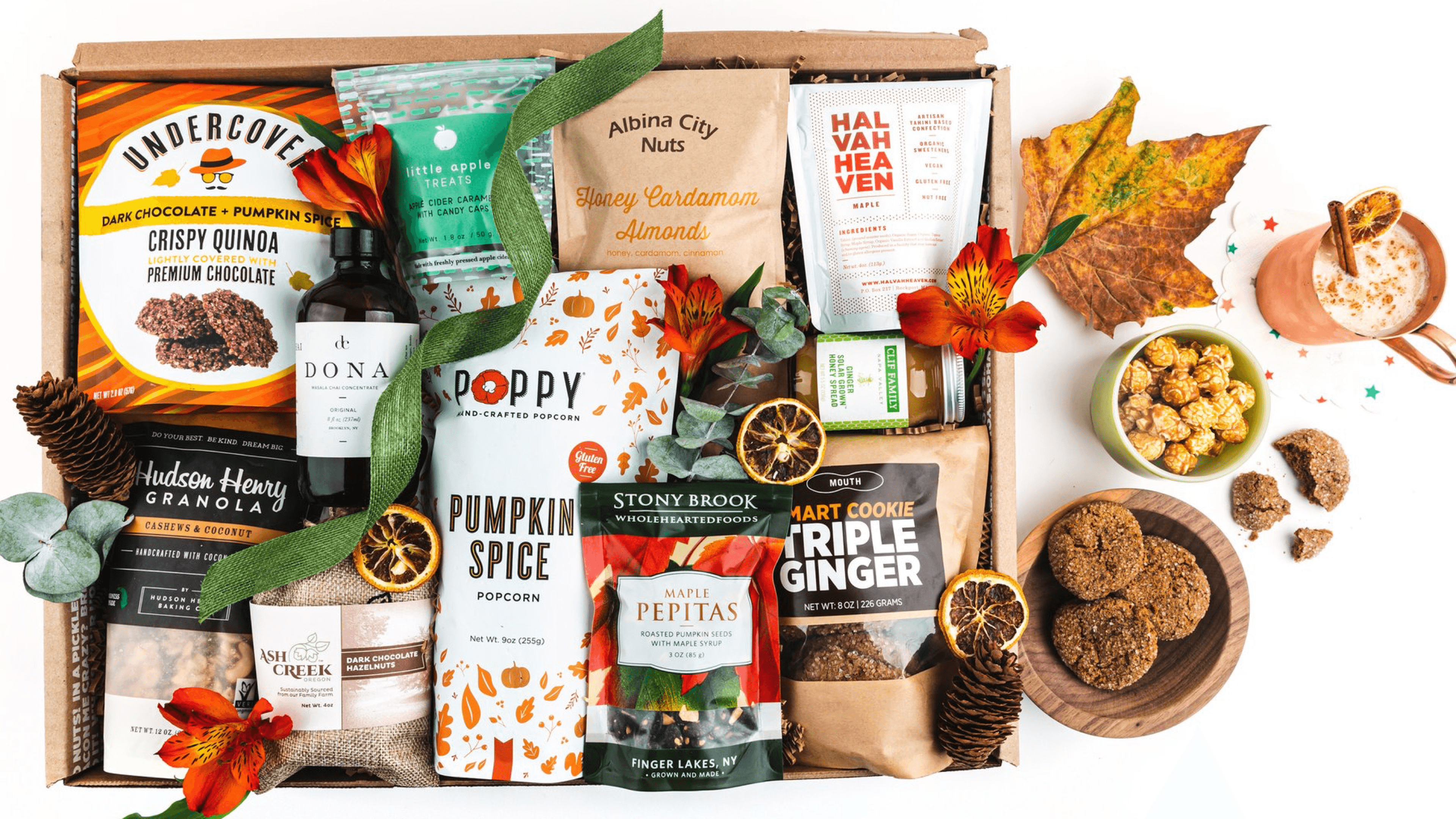 snack box filled with autumn-themed goodies