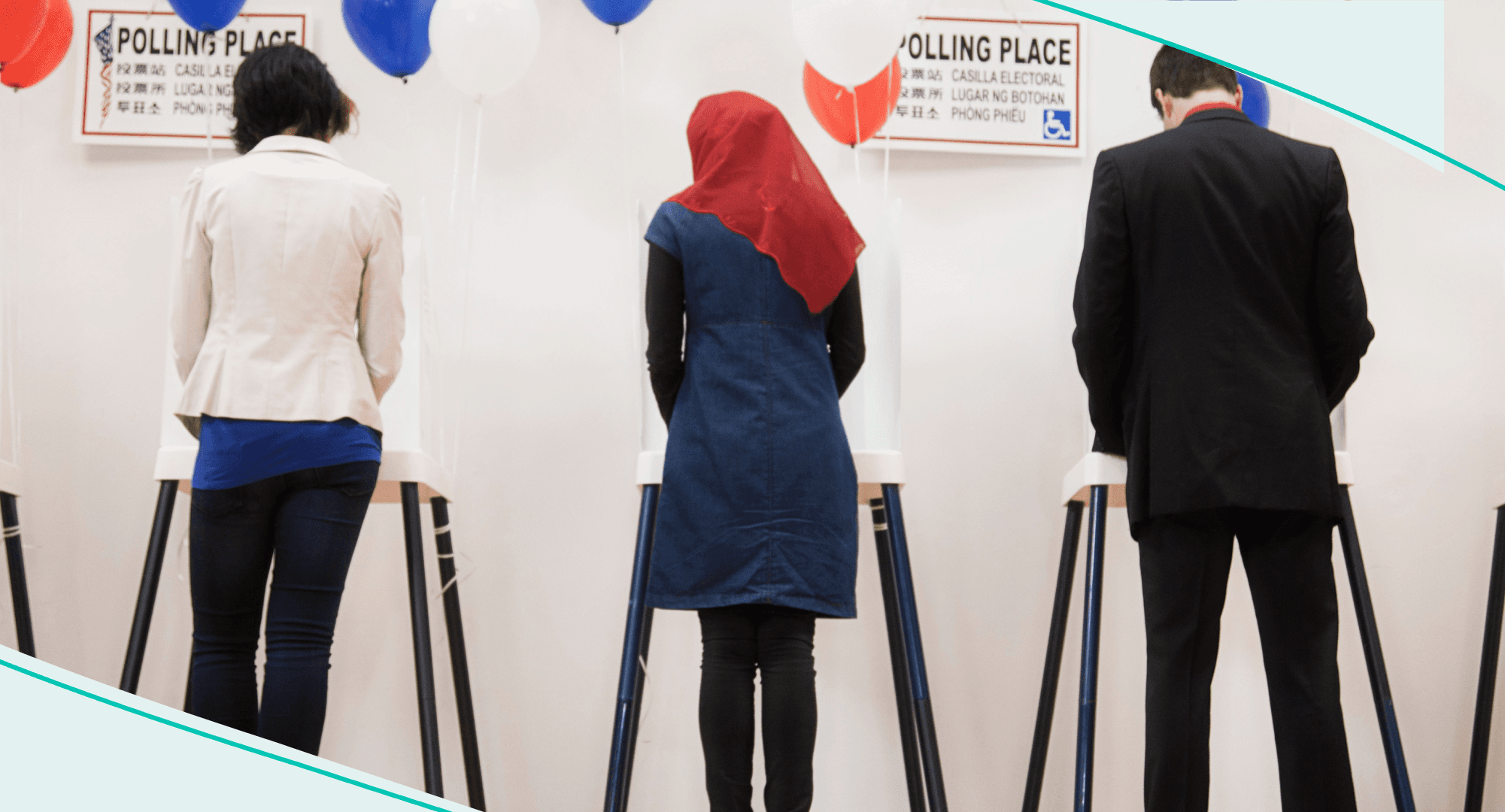 Three people at voting booths.