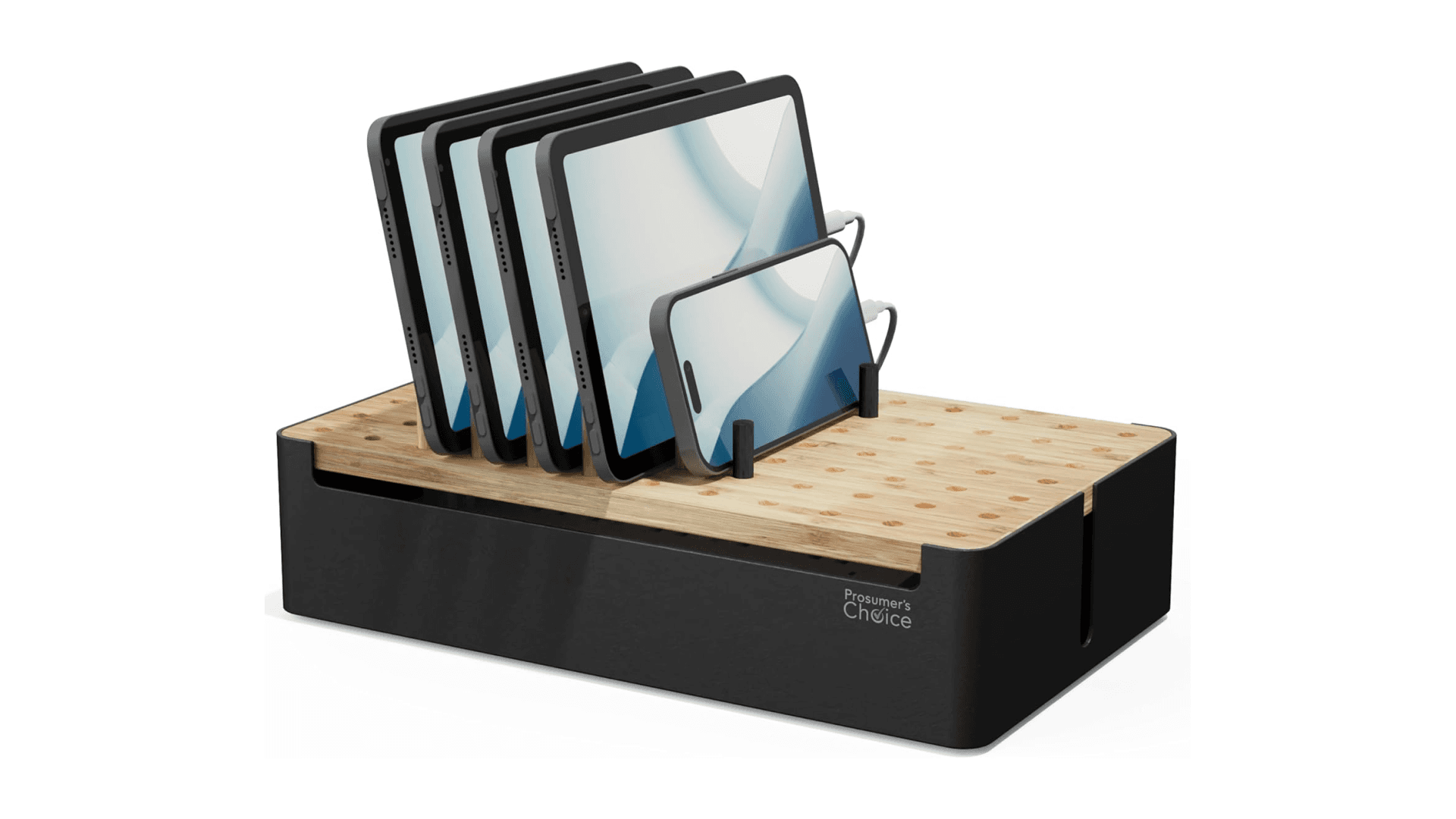 Prosumer's Choice Black Wooden Charging Station Organizer for Multiple Devices - Cable Management Box with 5 Slots and Removable Dividers - Charger Organizer for Phone, Tablet, Home, Office, 12"x6"x7"