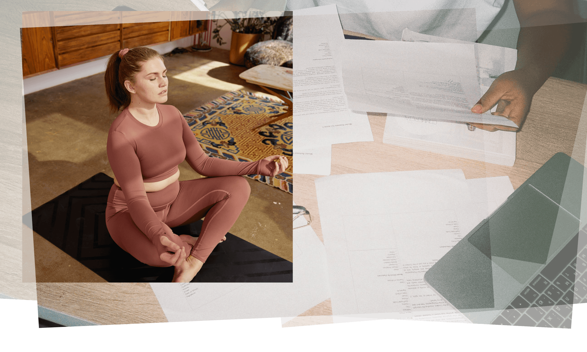 Stacked images of hands leafing through papers and a woman doing yoga.