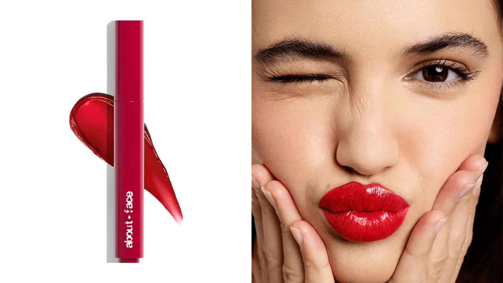 Tube of red lip butter with swatch in background; woman in bright red lipstick making pouty face