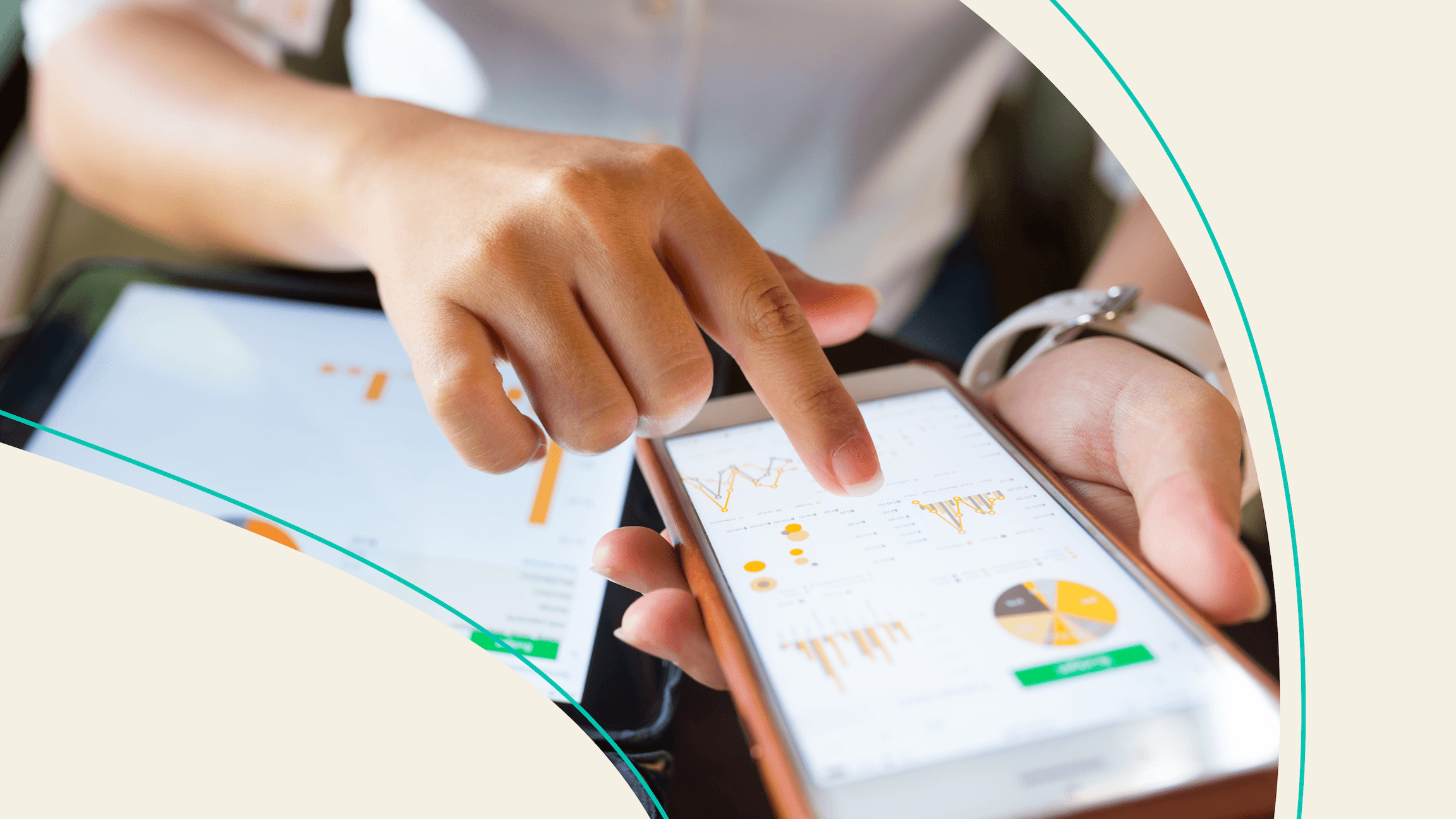 A woman looking through charts on a smartphone