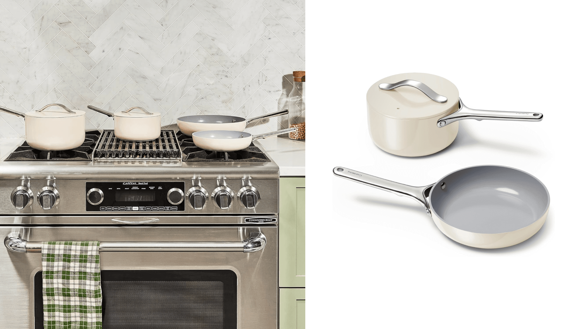 Caraway Mini Cookware Set - Non-Stick Ceramic Fry Pan (1.05 qt, 8") Sauce Pan (1.75 qt) & Storage Rack - Non Toxic, PTFE & PFOA Free - Oven Safe & Stovetop Agnostic (Gas, Electric & Induction) - Cream