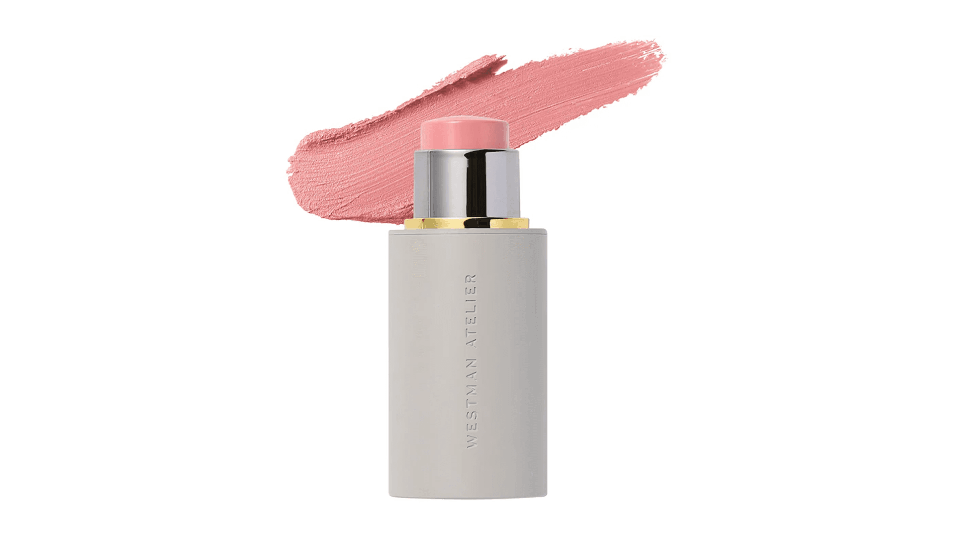 Gray container with pink blush and swatch in the background