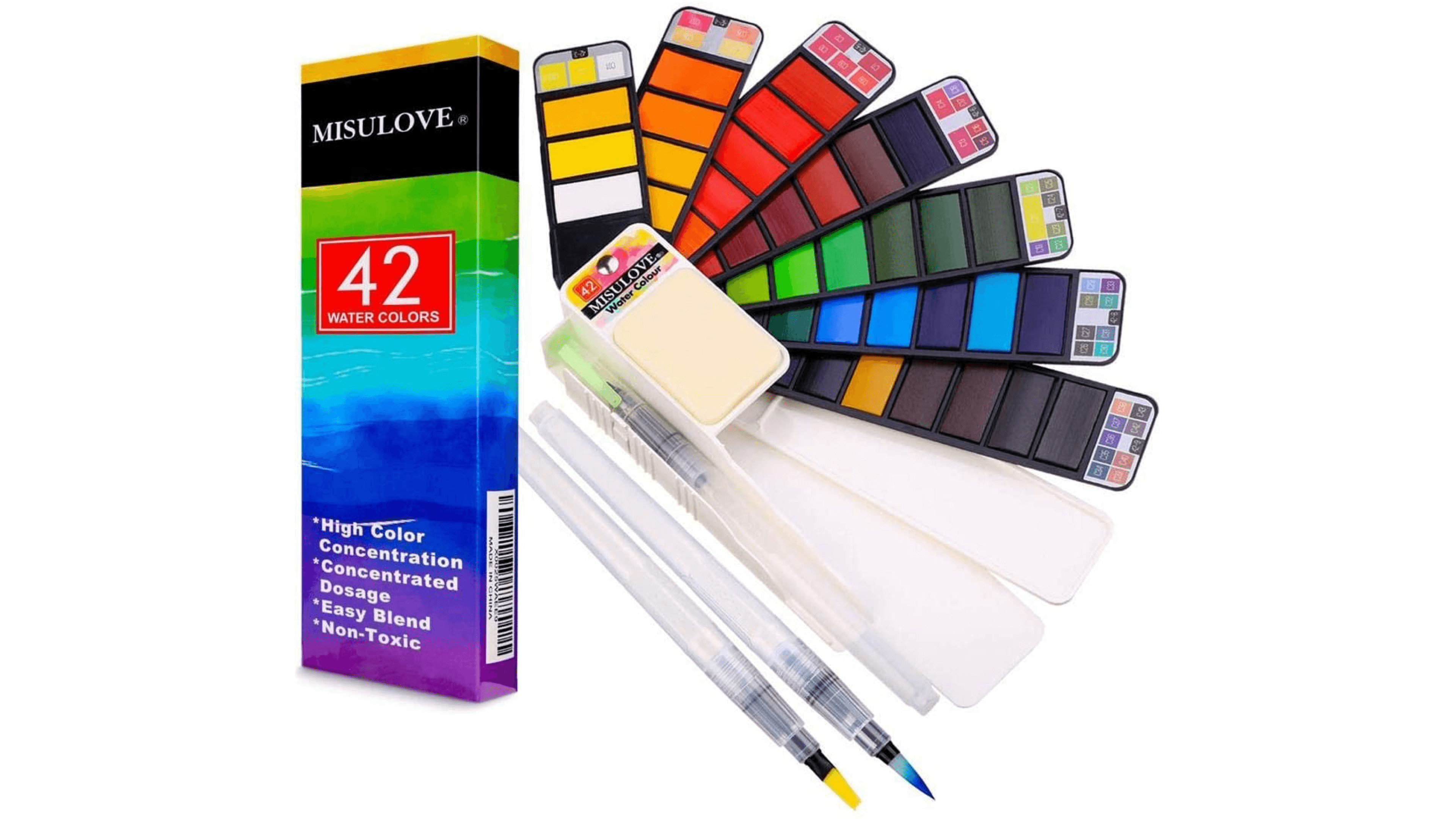 compact watercolor set with 42 colors and brushes that dispense water