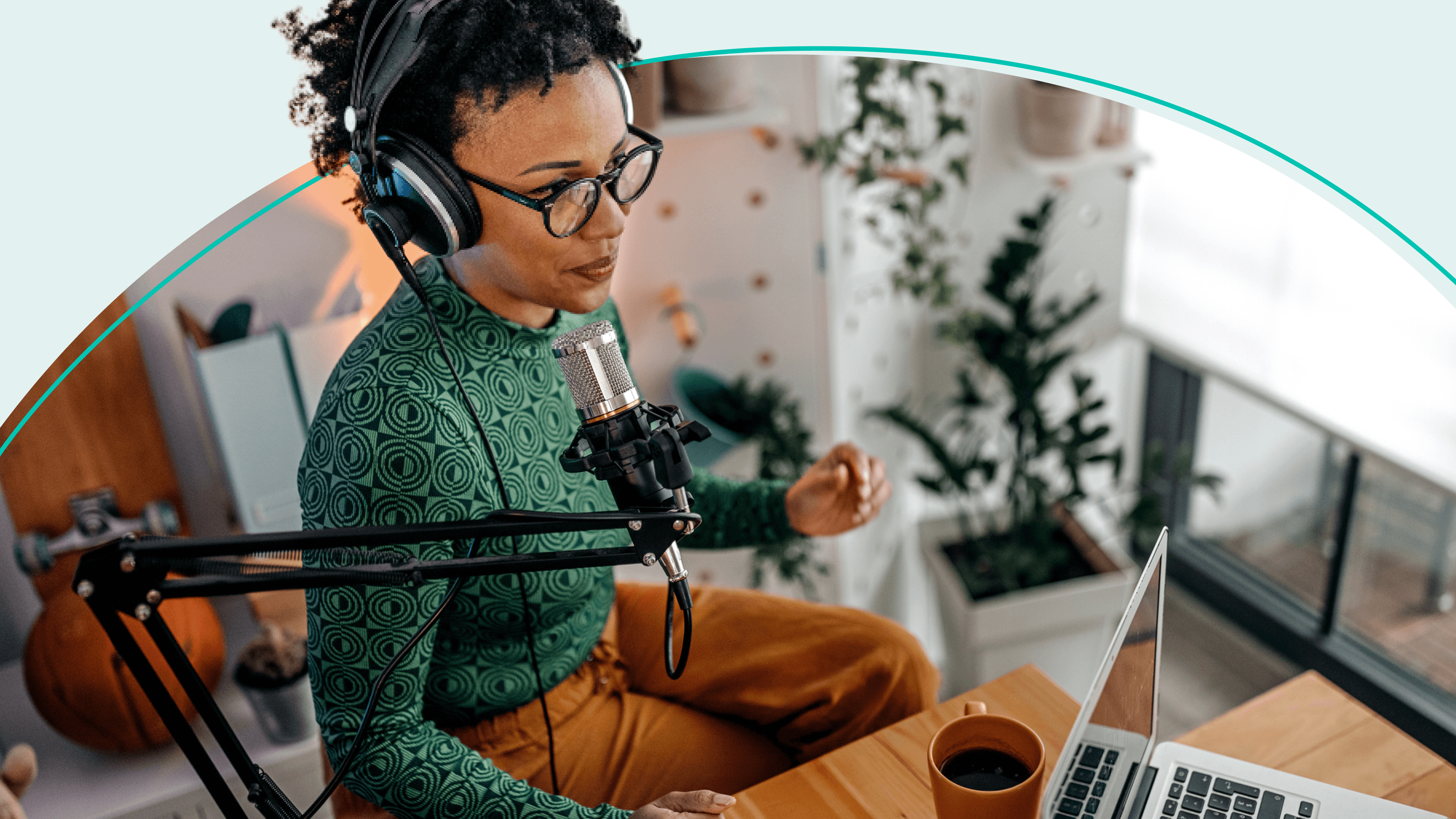 A woman recording a podcast