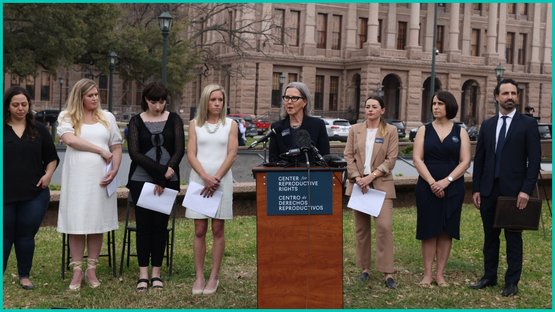 Plaintiffs Anna Zargarian, Lauren Miller, Lauren Hall, Amanda Zurawski, CRR President & CEO Nancy Northup, CRR Media Relations Director Kelly Krause, CRR Senior Staff Attorney Molly Duane, and co-counsel Austin Kaplan at the Texas State Capitol