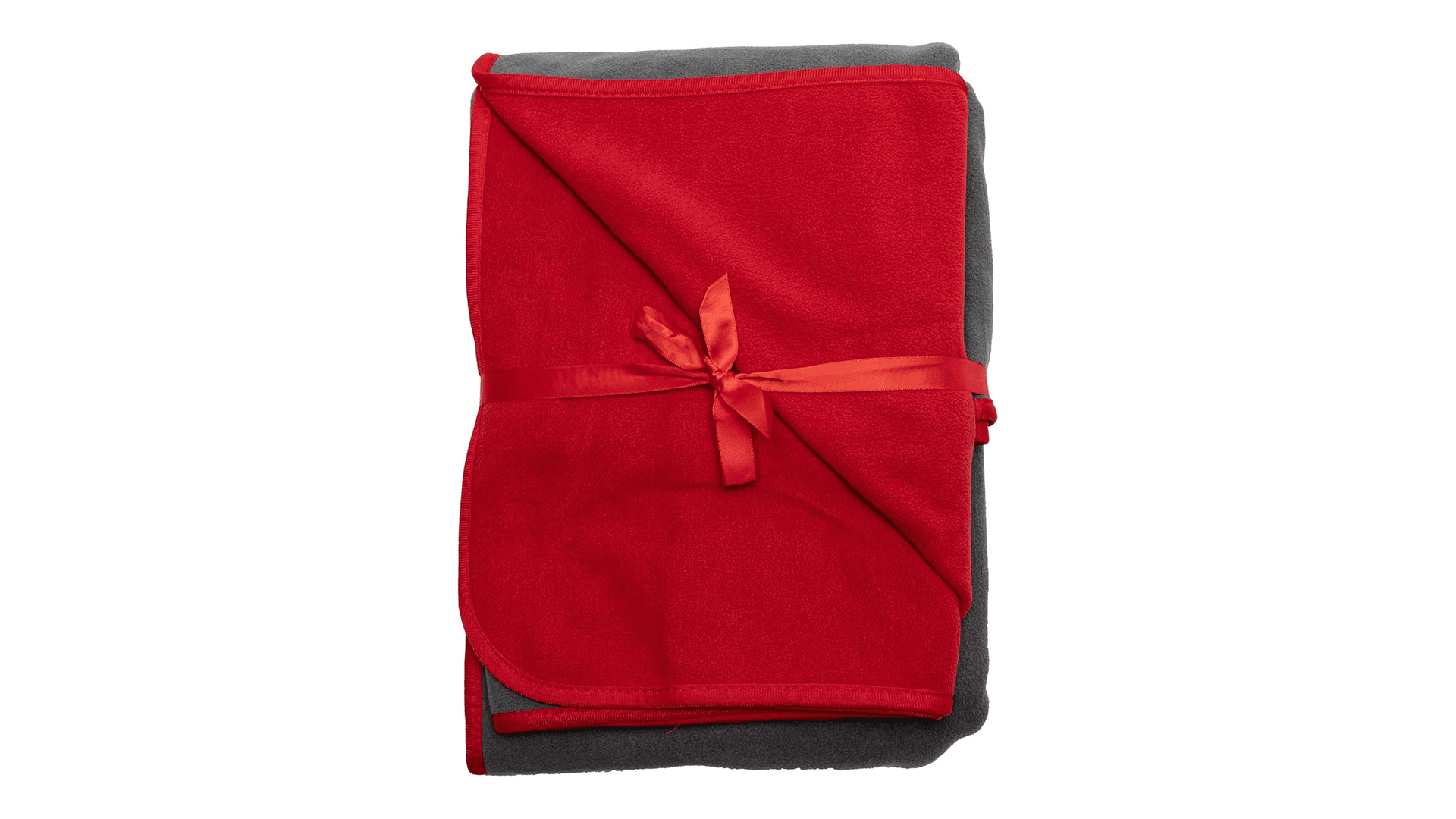 Red and gray blanket folded with red ribbon