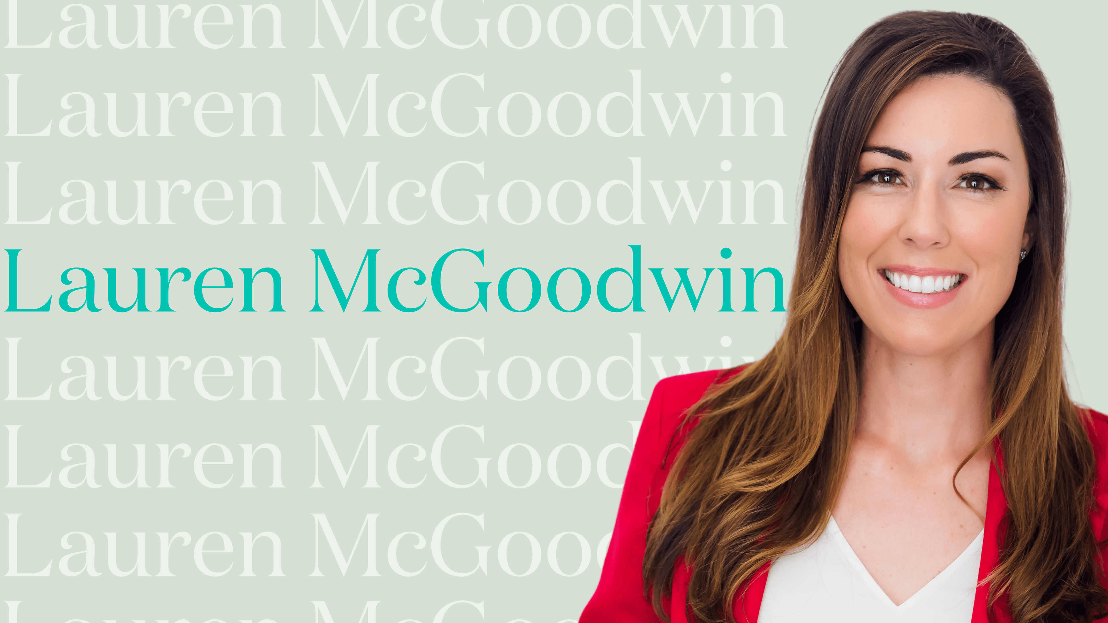 Woman stands in front of designed background