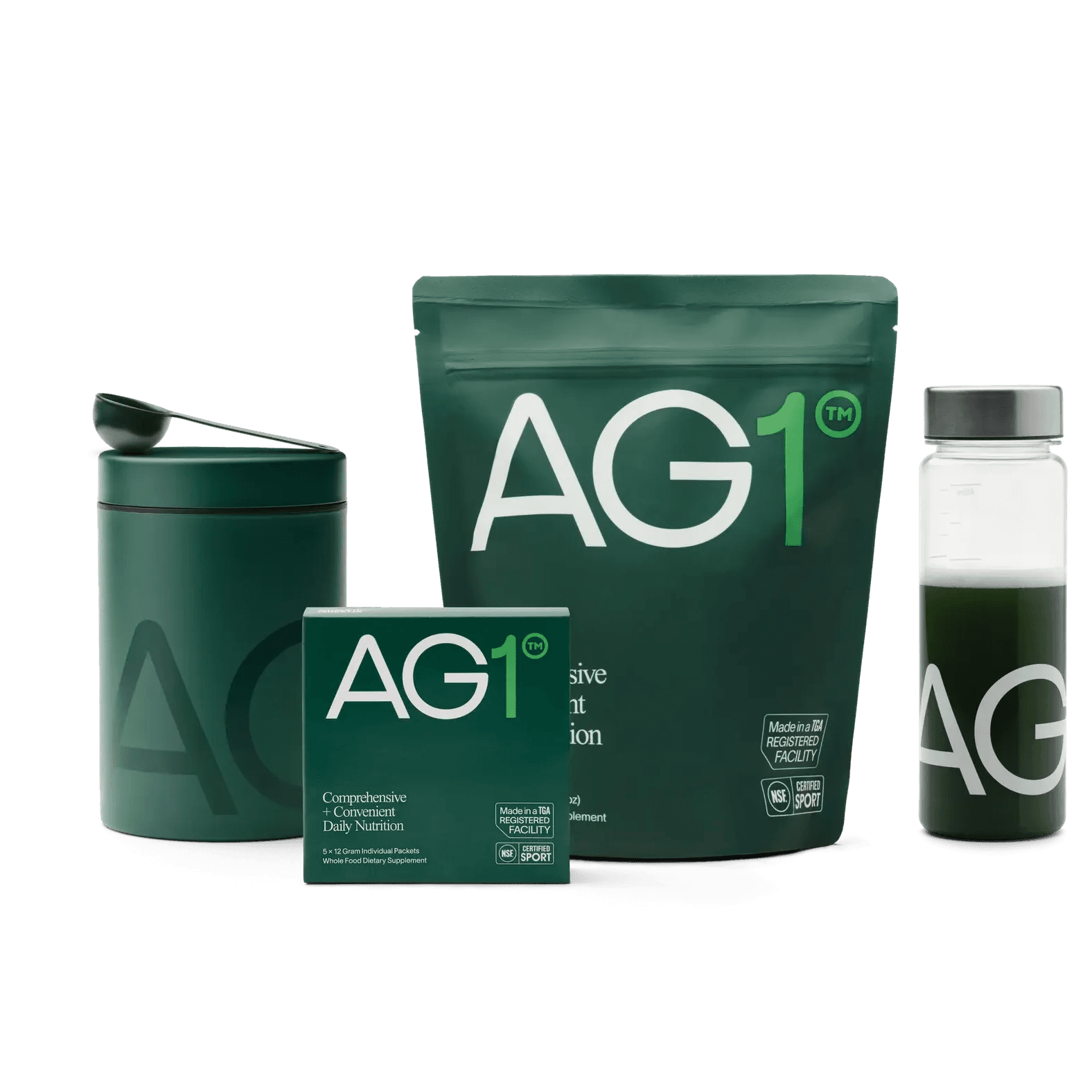 A bundle of AG1 nutritional supplement products