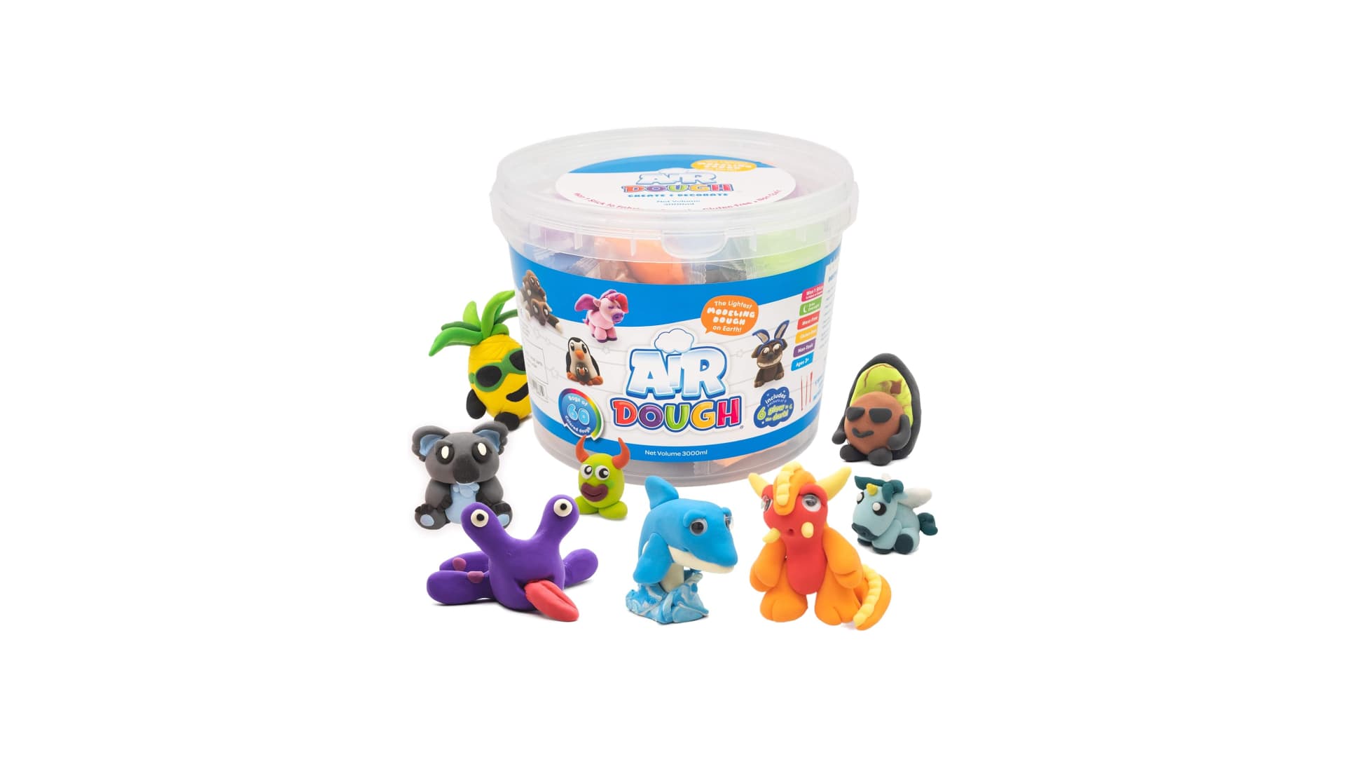 Air Dough - 60 Bags of Colored, Air Dry, Ultra Light, Non-Toxic Modeling Clay in a Bucket Including Accessories, Tools, Tutorial Videos (Educational, DIY, Kids Gifts, Art Craft Set for Boys & Girls)