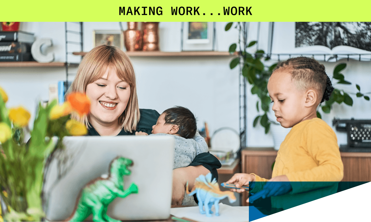 mom working on laptop with her two kids