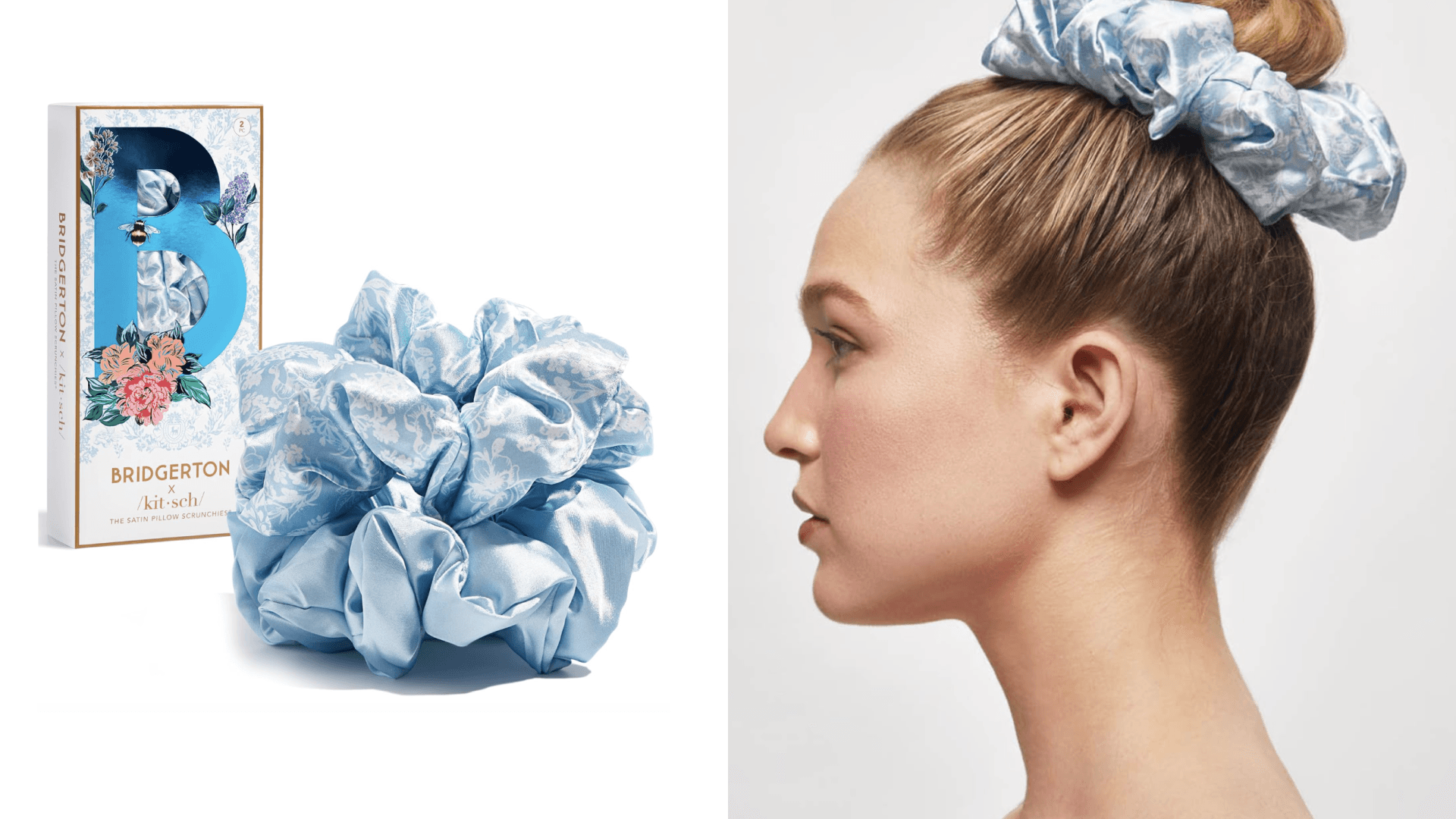 Bridgerton x Kitsch Satin Scrunchies for Women, No Snag, No Tugging, Soft & Comfortable Scrunchies for Girls, Perfect for Day or Night - Toile De Blue