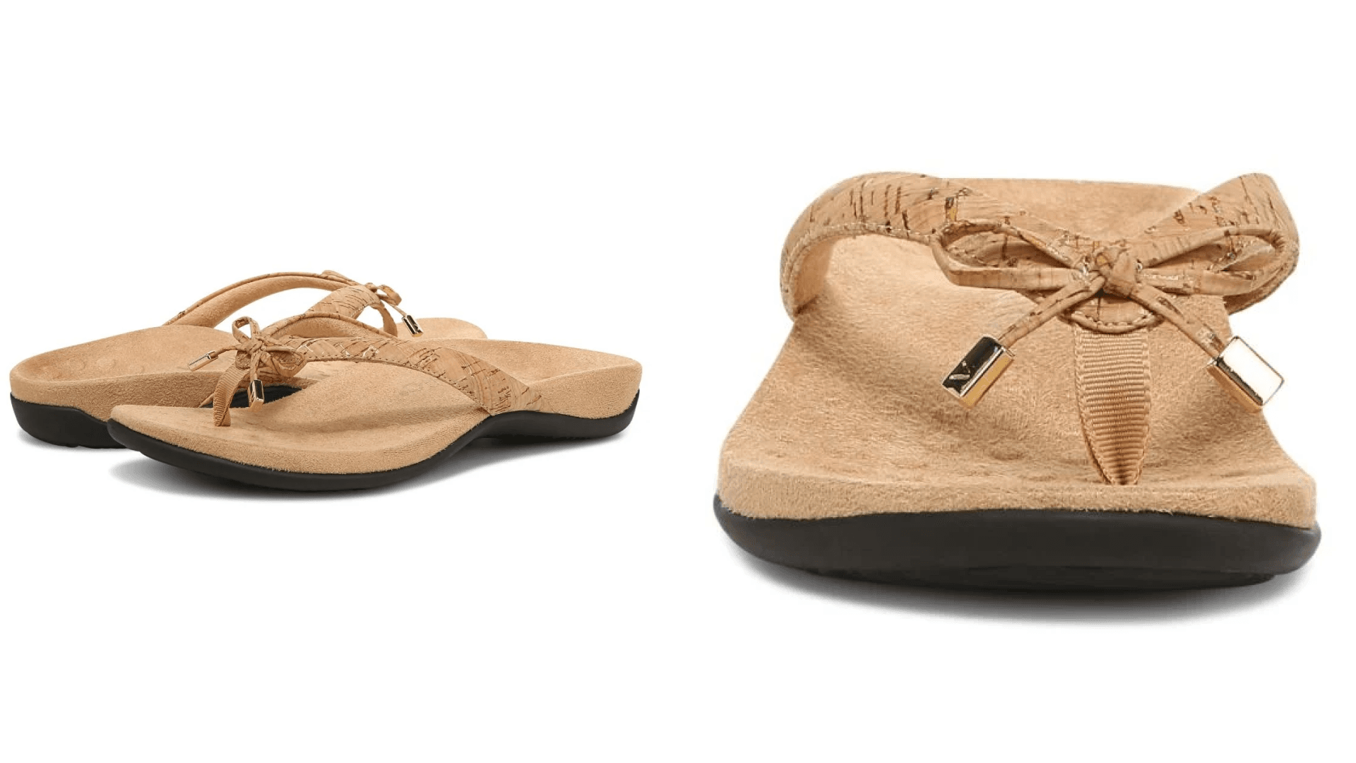 Tan flip-flops with gold accents