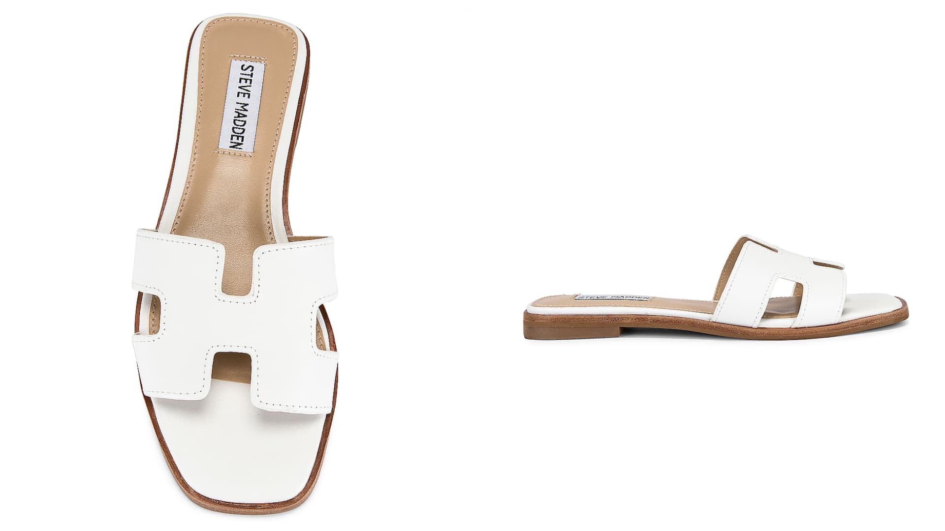 A pair of chic faux leather slide on sandals