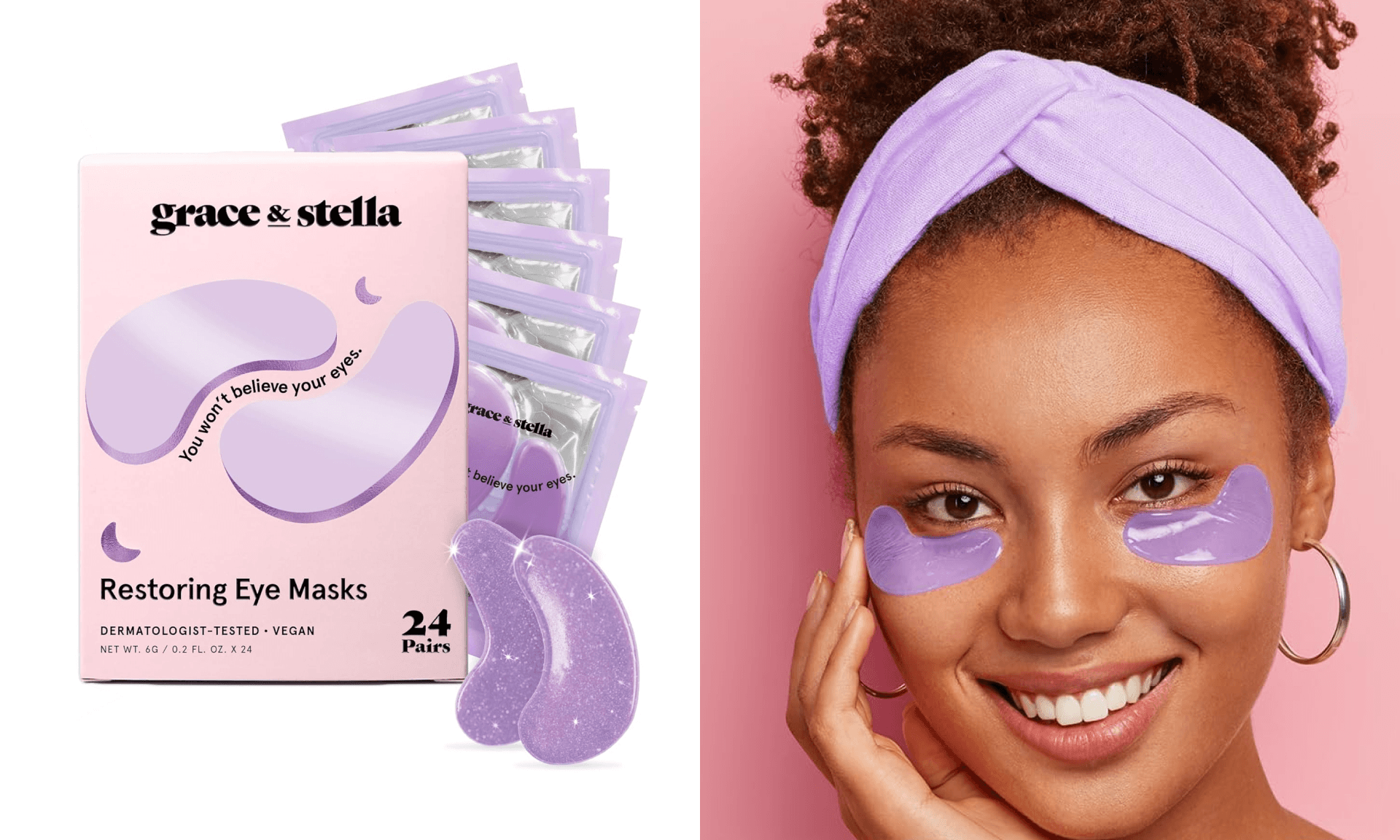grace & stella Retinol Under Eye Patches for Puffy Eyes and Dark Circles - Restoring Gel Under Eye Masks with Hyaluronic Acid - Vegan Cruelty-Free Skincare, Birthday Gifts for Women (Purple, 24 Pairs)