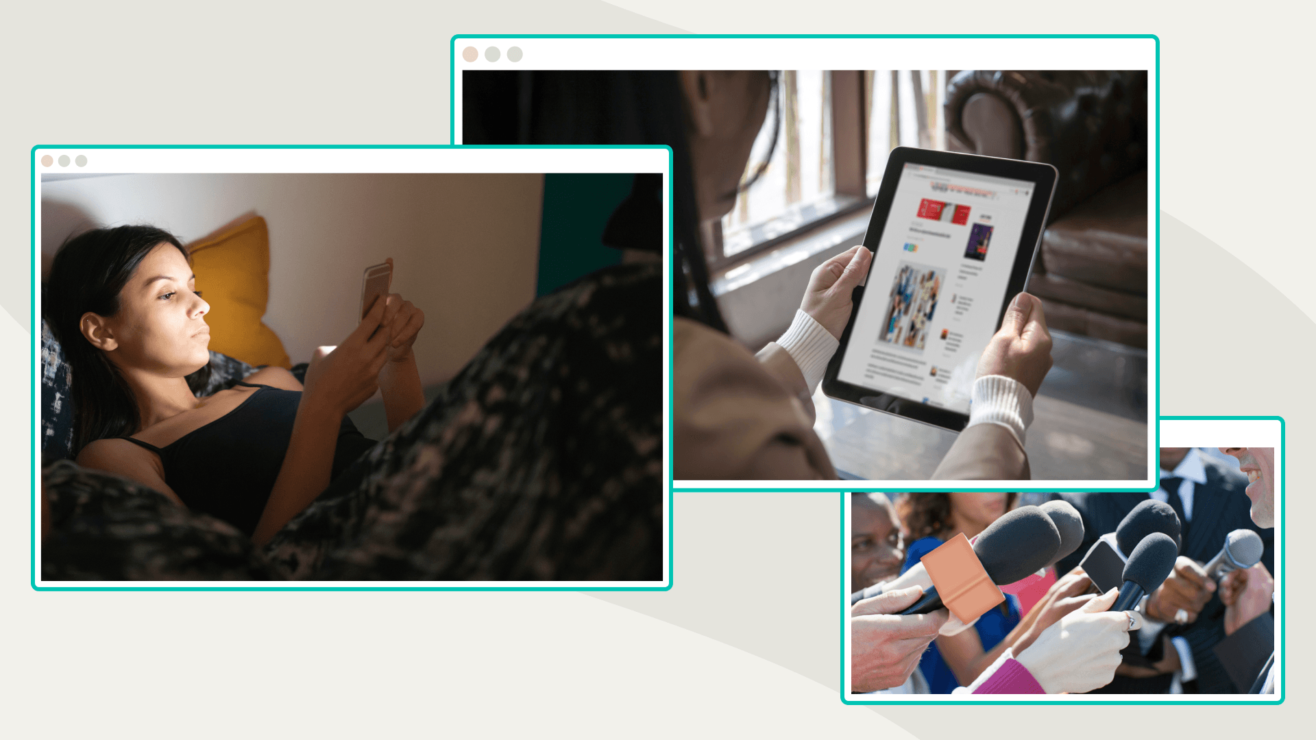A woman looks at her phone in bed and another at her iPad. A photo shows mics at a press conference.