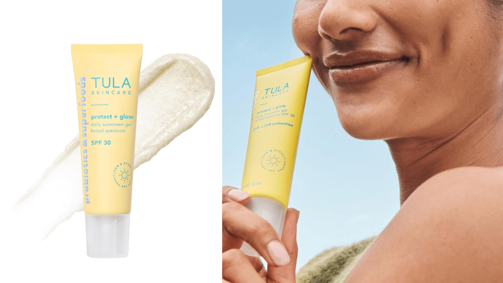 TULA Skin Care Protect + Glow Daily Sunscreen - Gel, Broad Spectrum SPF 30, Skincare-First, Non-Greasy, Non-Comedogenic and Reef-Safe with Pollution and Blue Light Protection, Regular, 1.7 fl oz.