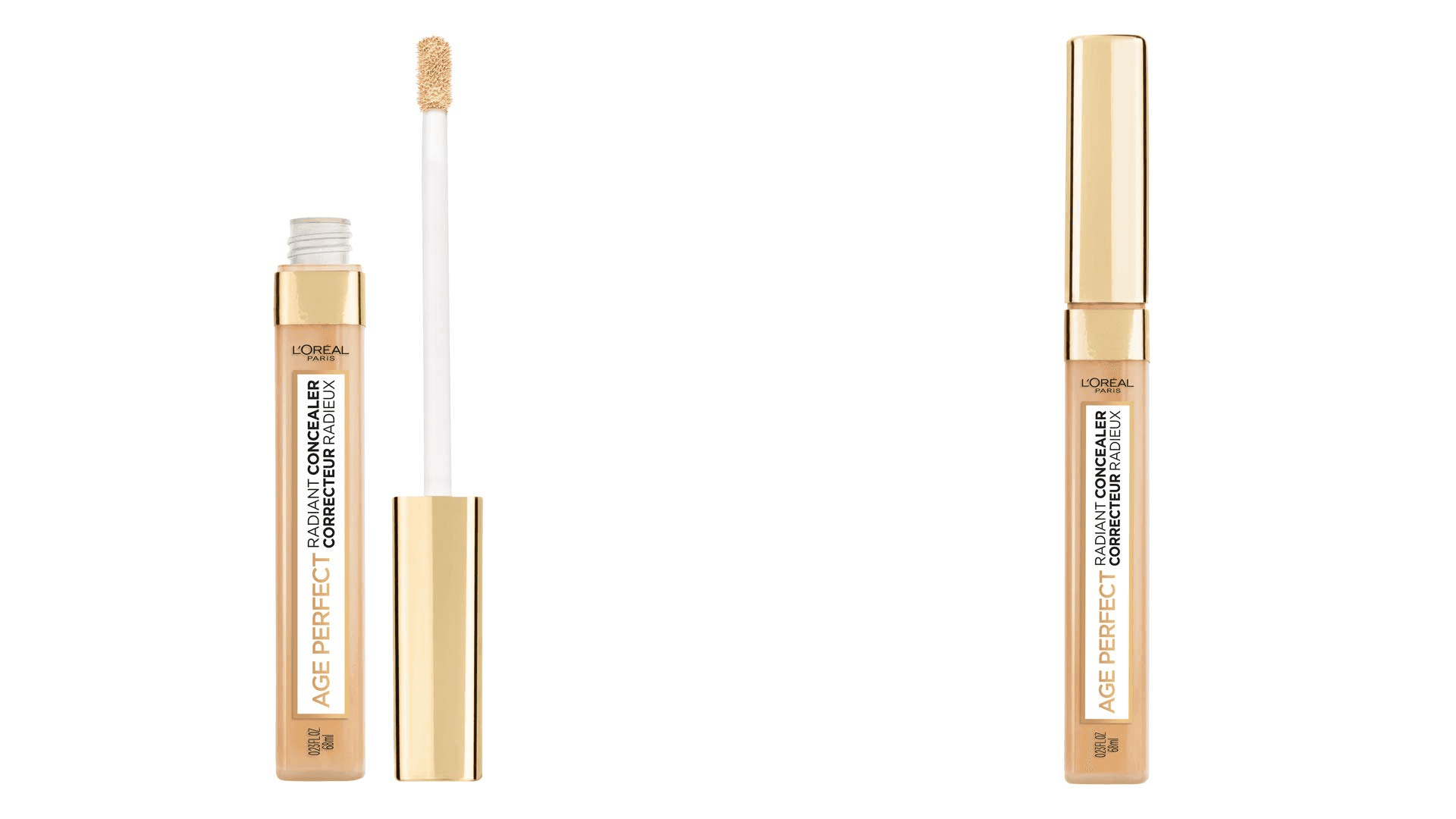 Clear glass tube of concealer with gold top in shade natural beige