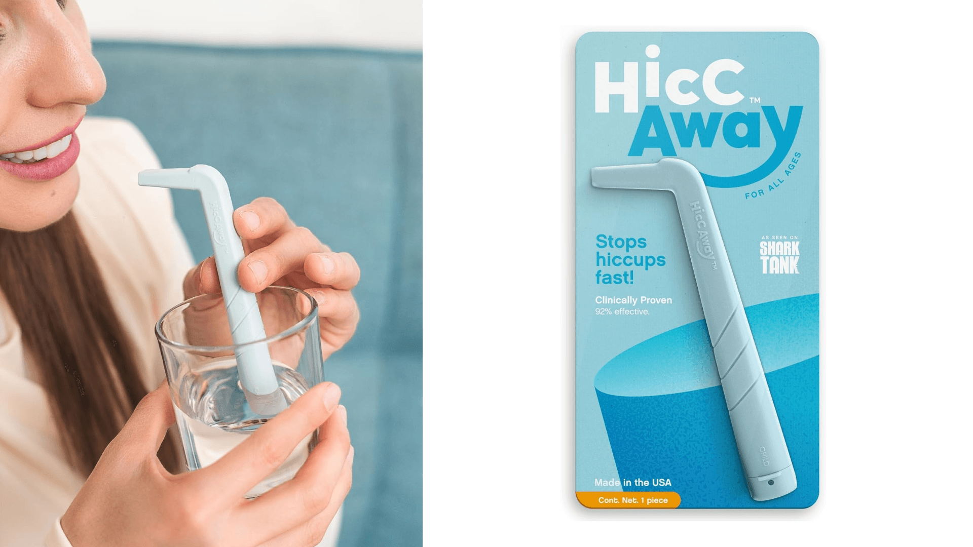 HiccAway Hiccup Straw - Stops Hiccups Naturally & Fast - As Seen On Shark Tank - Clinically Proven Relief for All Ages, Children & Adults - Safe, Lightweight, & Reusable (HiccAway Baby Blue) 1 Pack