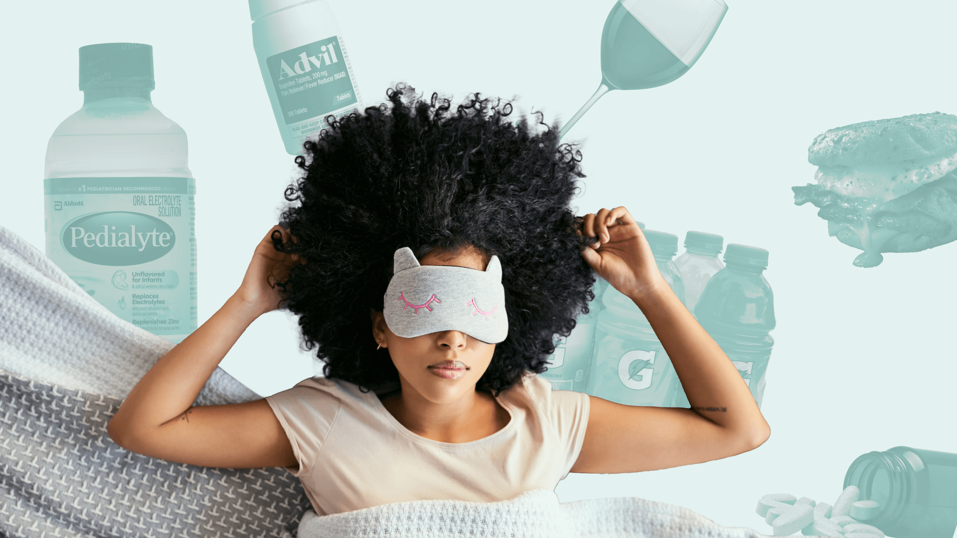 Hangover cures circle a woman's head